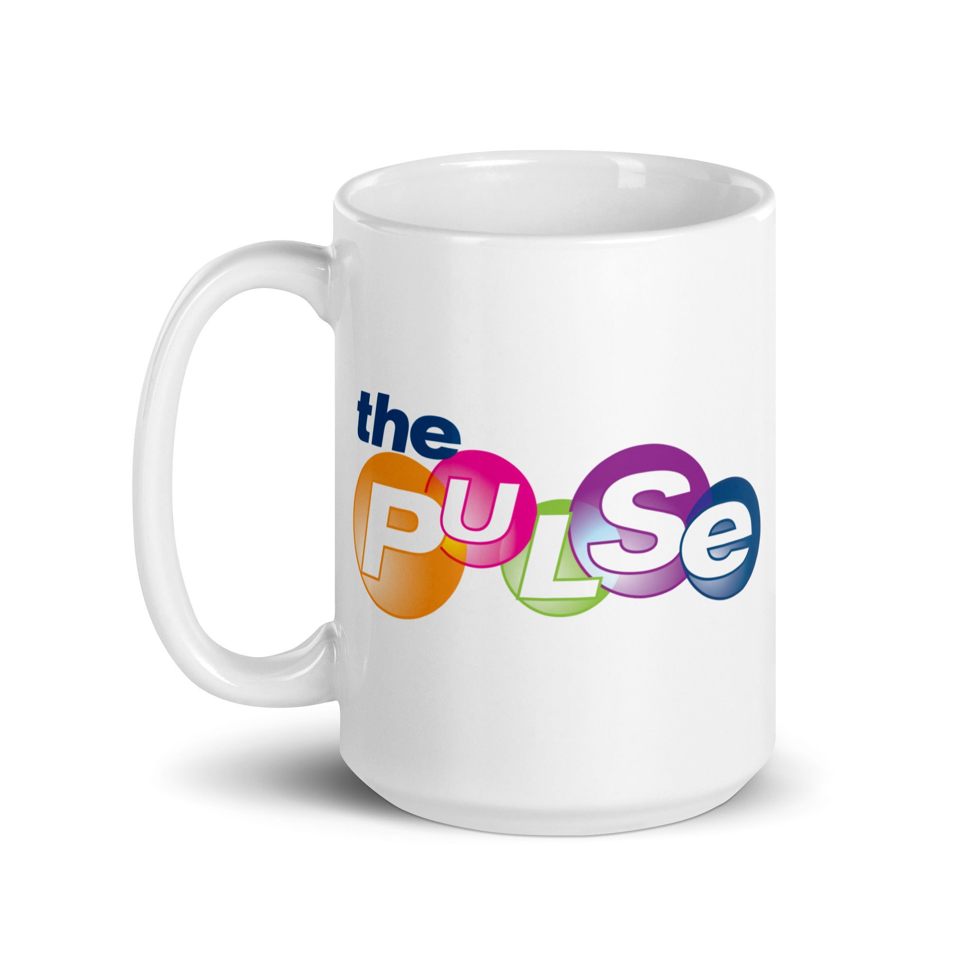 White mug featuring the colorful text 'the PULSE' in various bubbles.