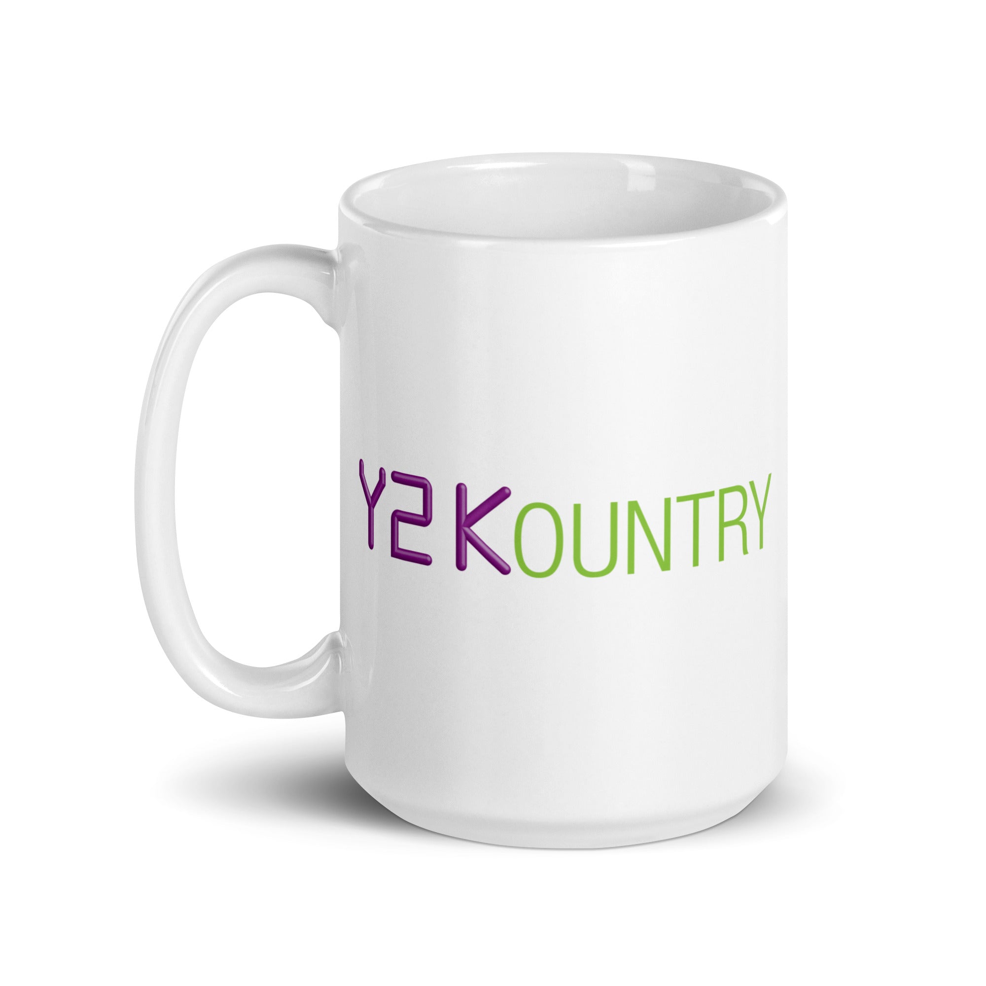 White mug with 'Y2KOUNTRY' printed in vivid purple and green text.