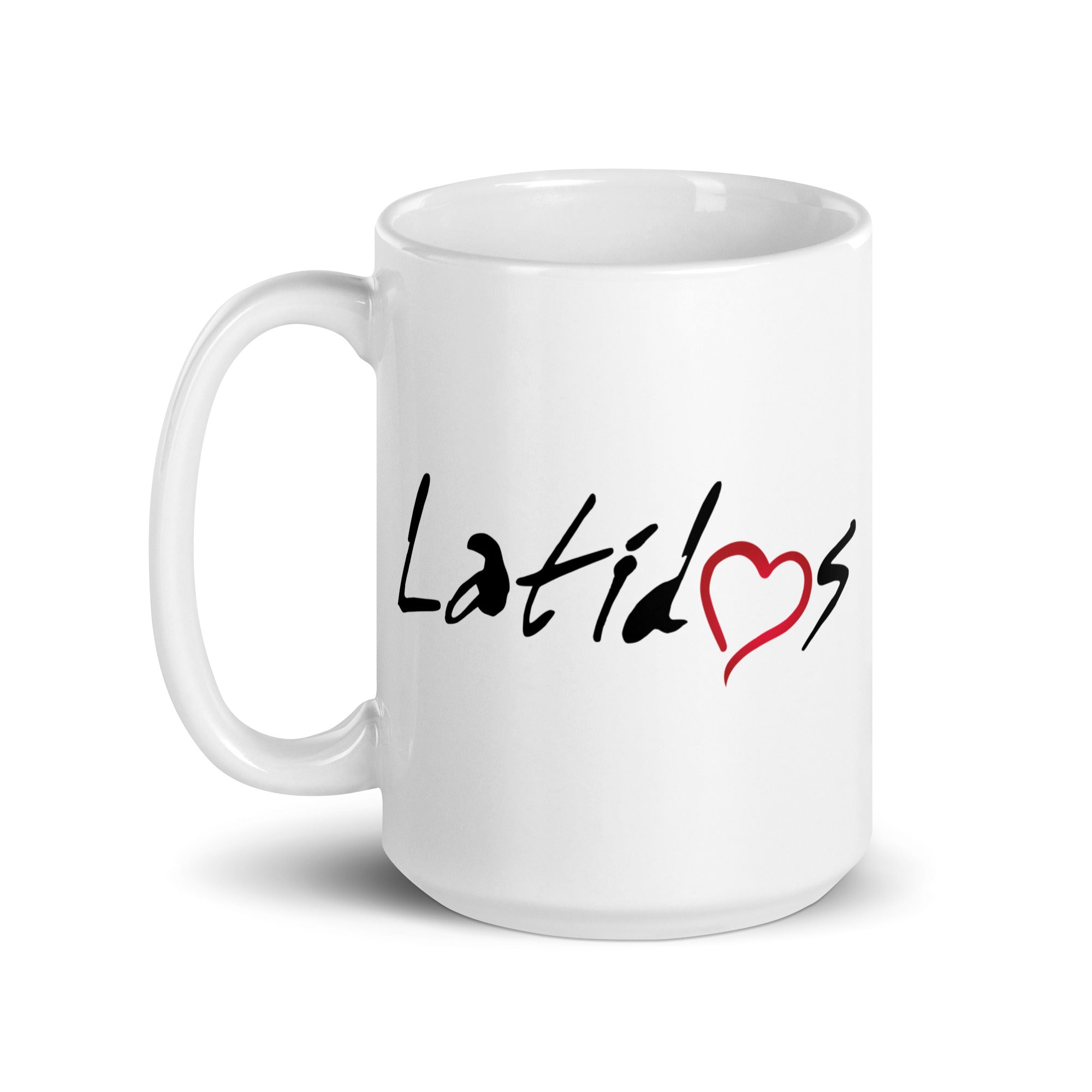 White mug with the word 'Latidos' in black, featuring a red heart.