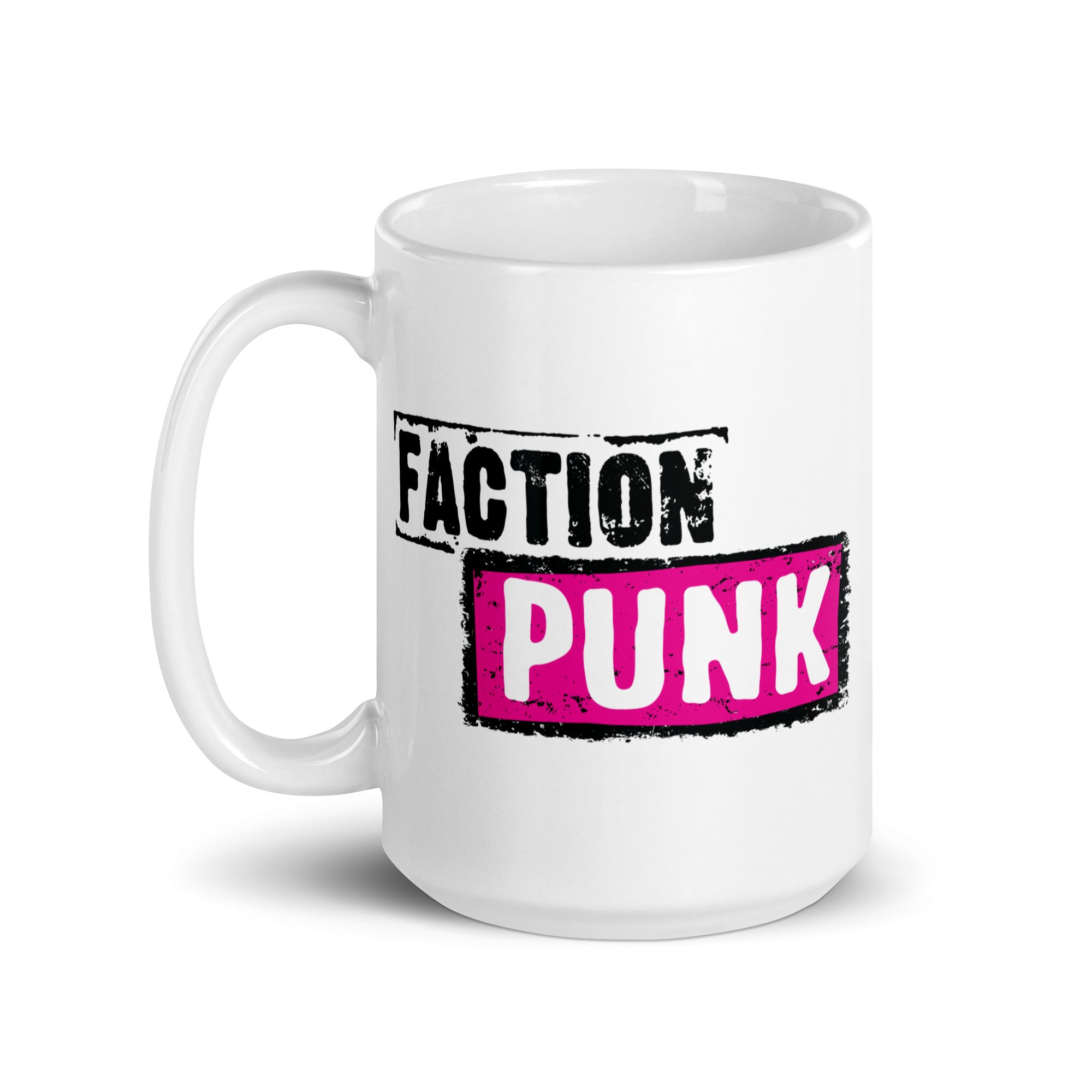 White mug with bold text 'FACTION PUNK' in black and pink.