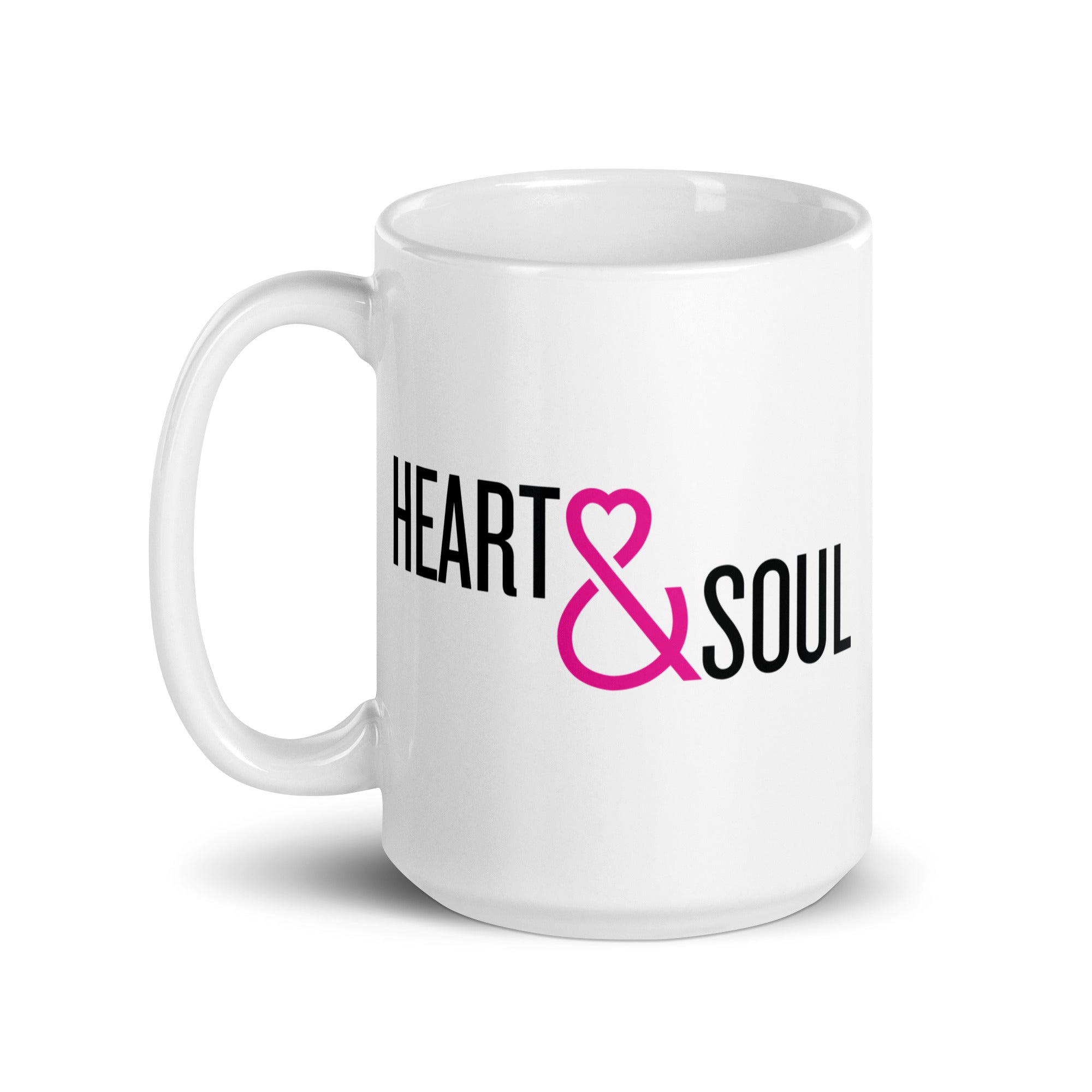 White coffee mug with the words 'HEART & SOUL' in bold black and pink font.