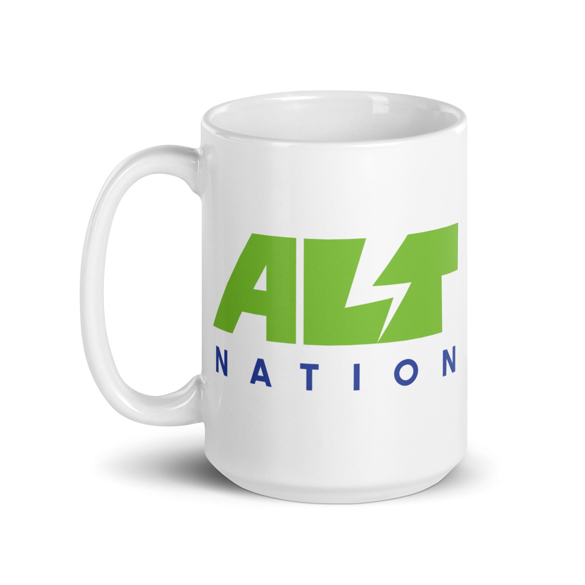 White mug featuring the logo 'ALT NATION' in green and blue.