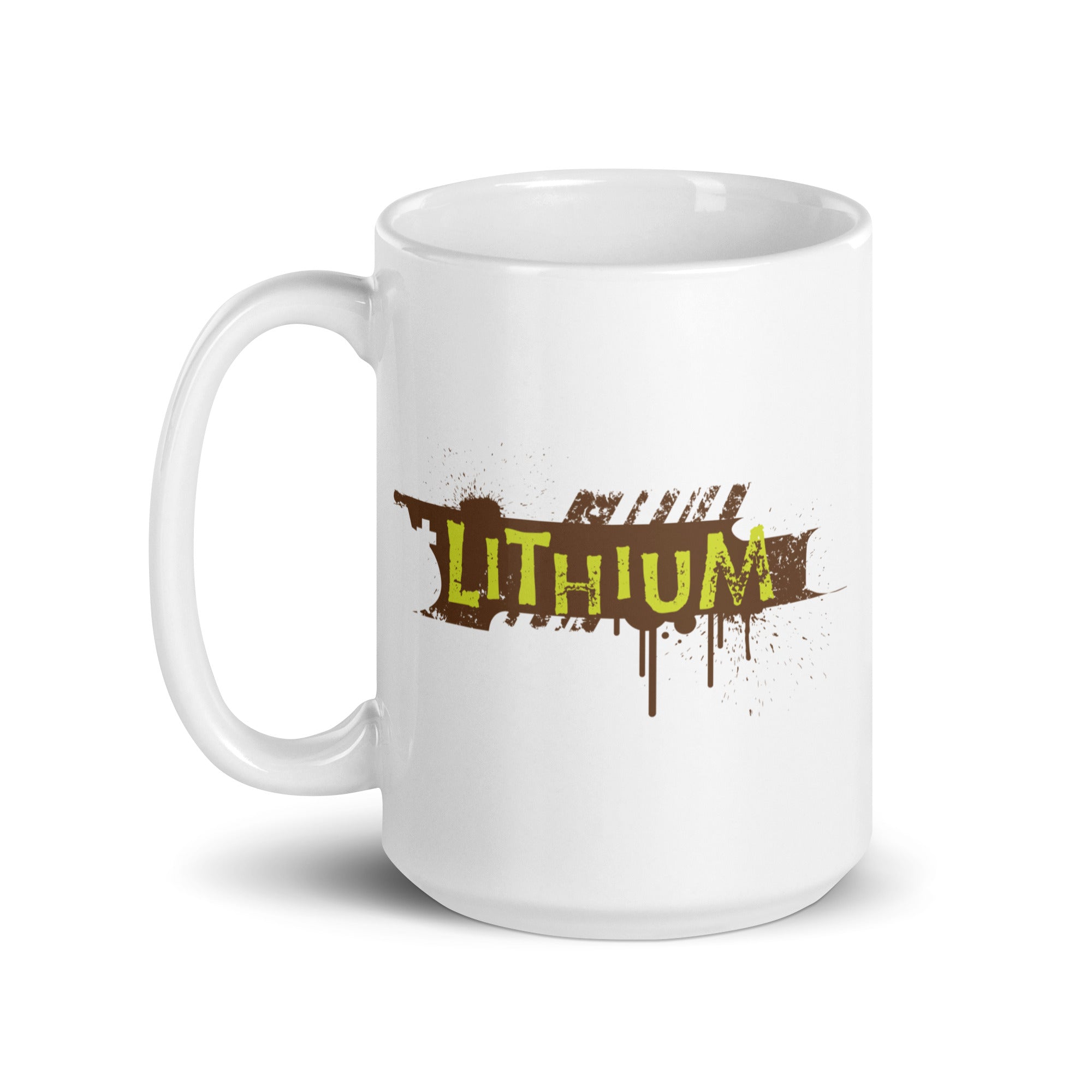 White mug featuring the word 'LITHIUM' in bold yellow and brown, stylized letters with a splatter effect.