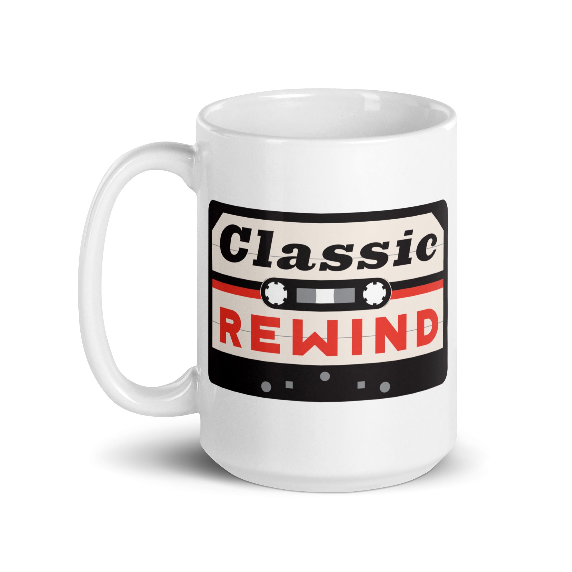 White mug with 'Classic Rewind' design featuring a cassette tape illustration in red, white, and black.