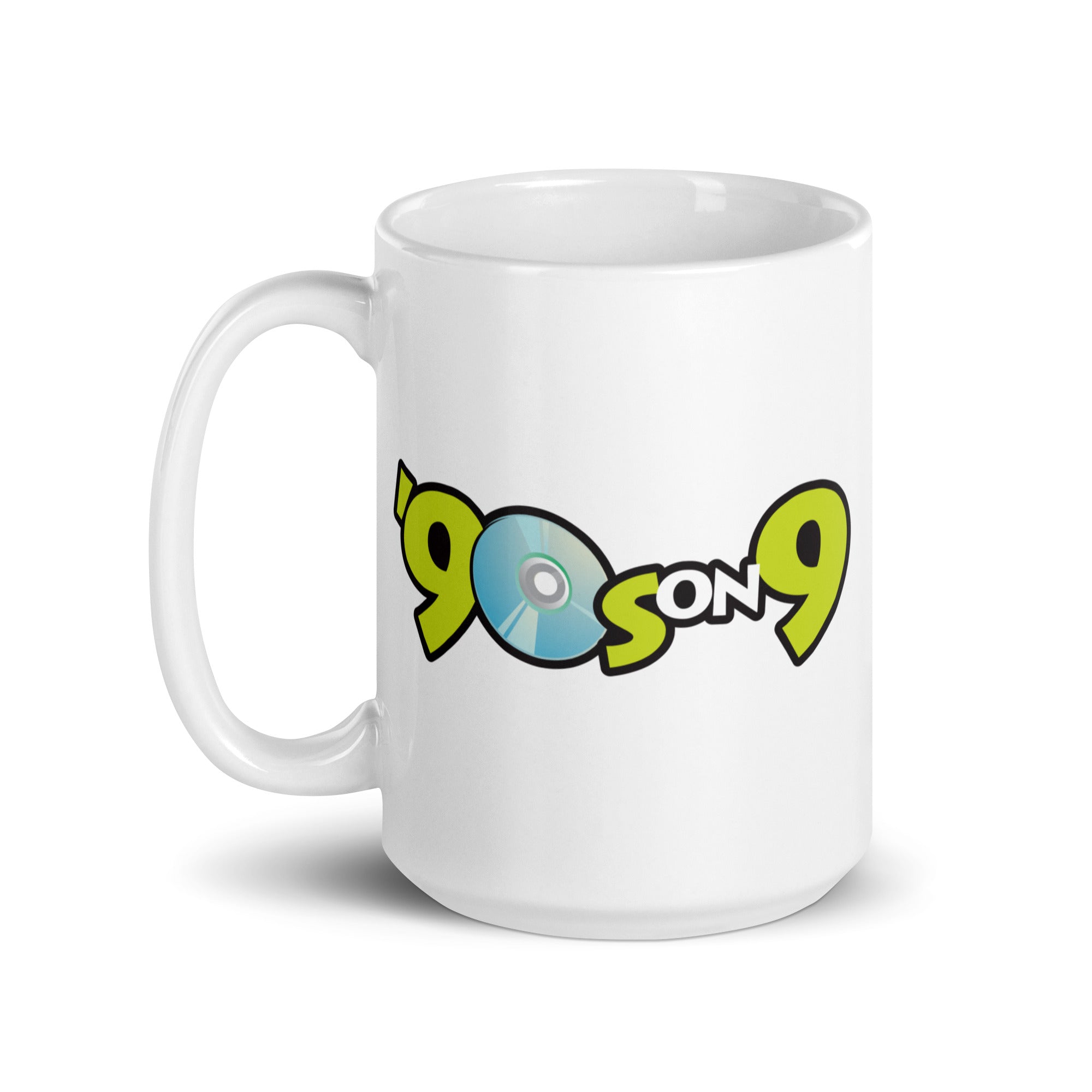 White mug with '90s on 9 logo featuring a light blue CD graphic and bold green and black text.