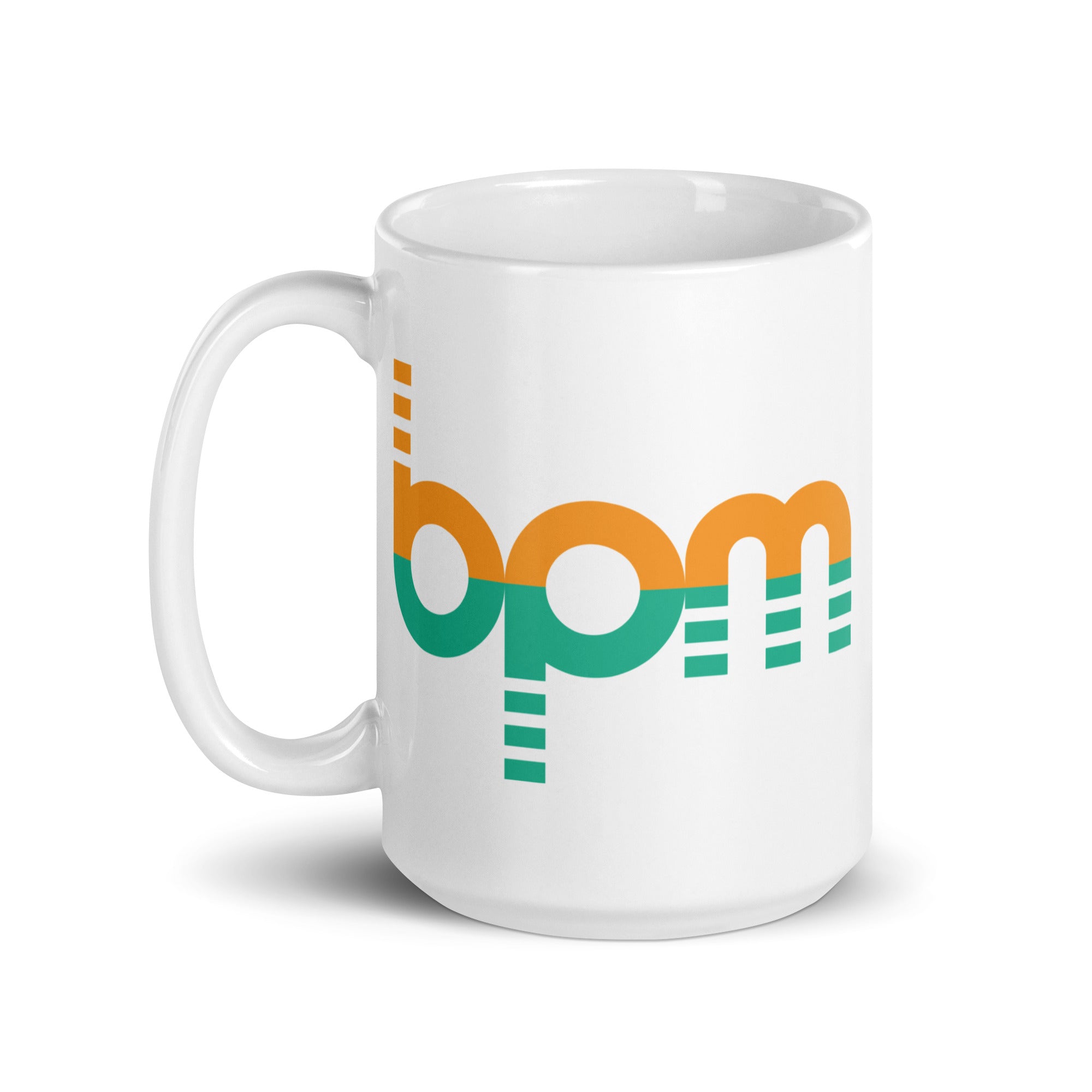 White mug featuring a colorful 'bpm' design with orange and green accents.