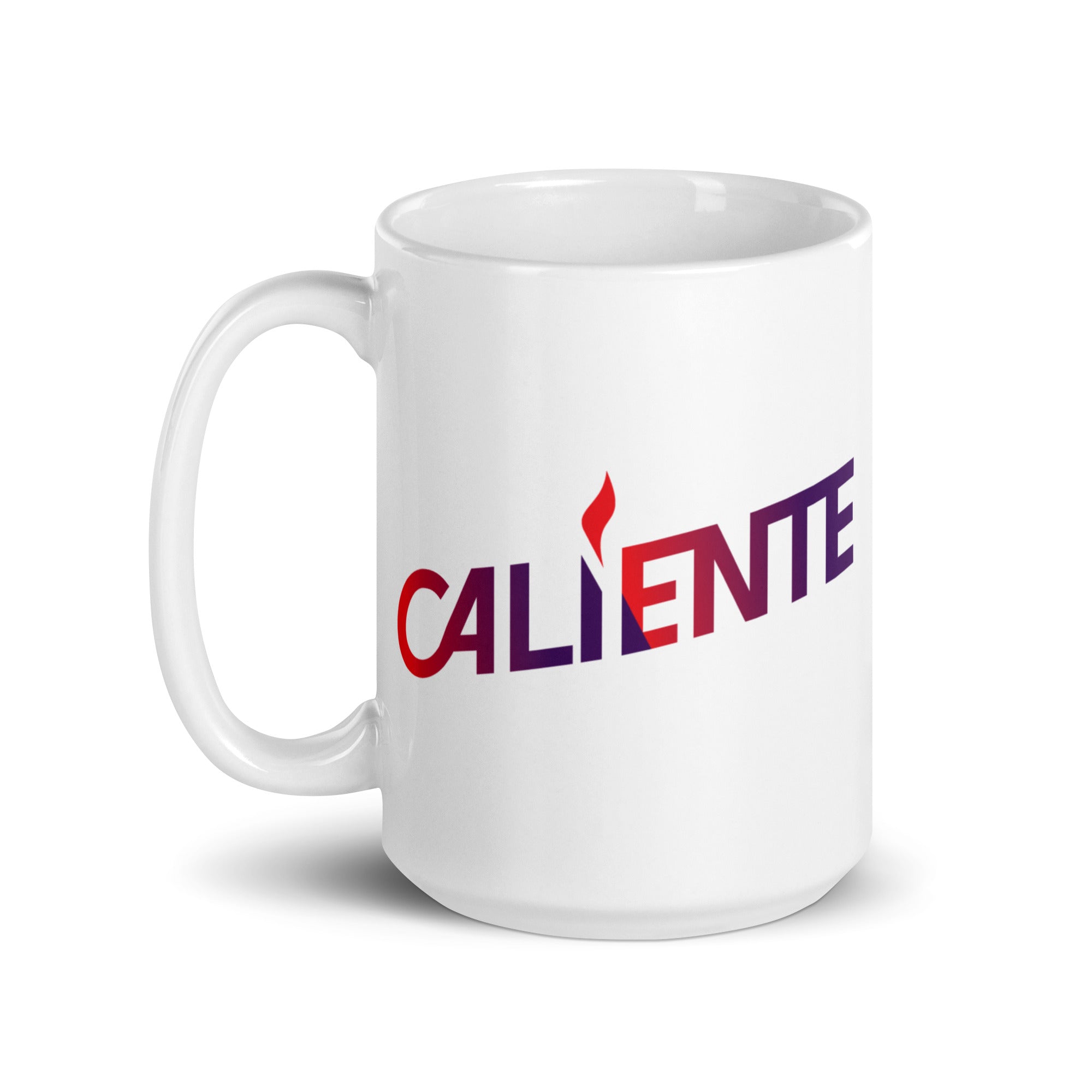 White mug featuring the word 'CALIENTE'  in vibrant red to purple gradient letters.