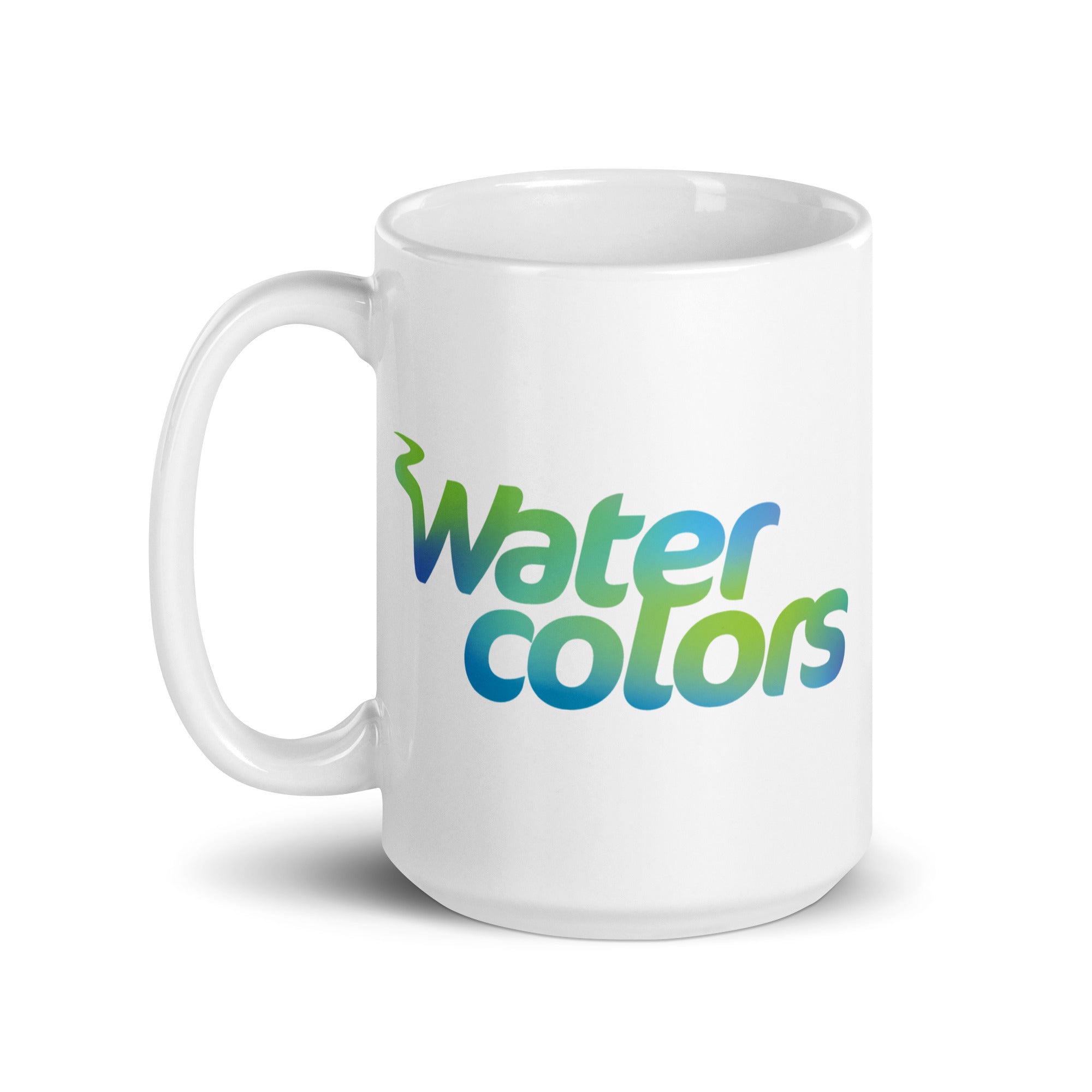 White mug featuring the text 'water colors' in blue and green gradient font.