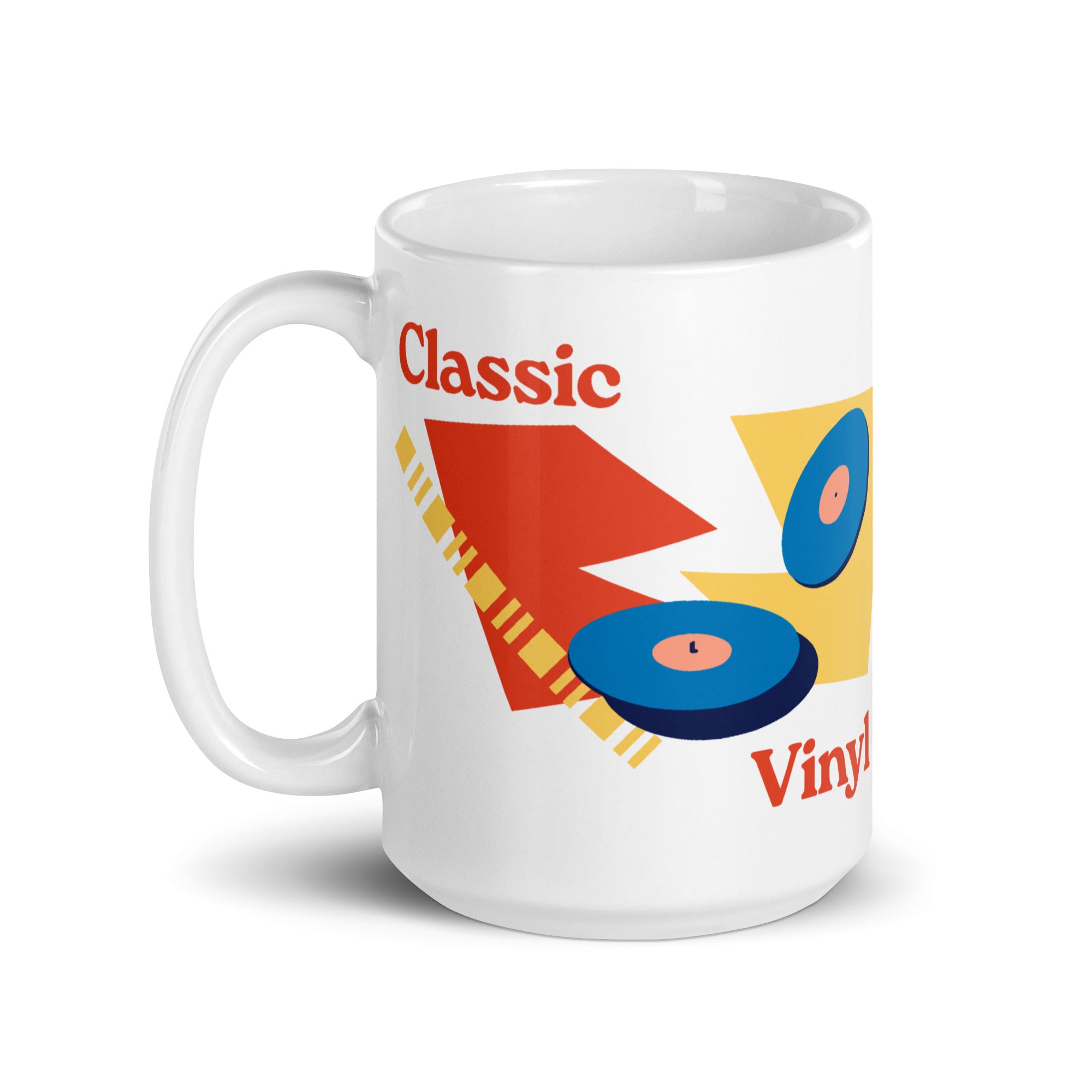 Left-side view of a larger white ceramic mug displaying the full 'Classic Vinyl' design, including red text and an abstract graphic with two blue records on red and yellow shapes.