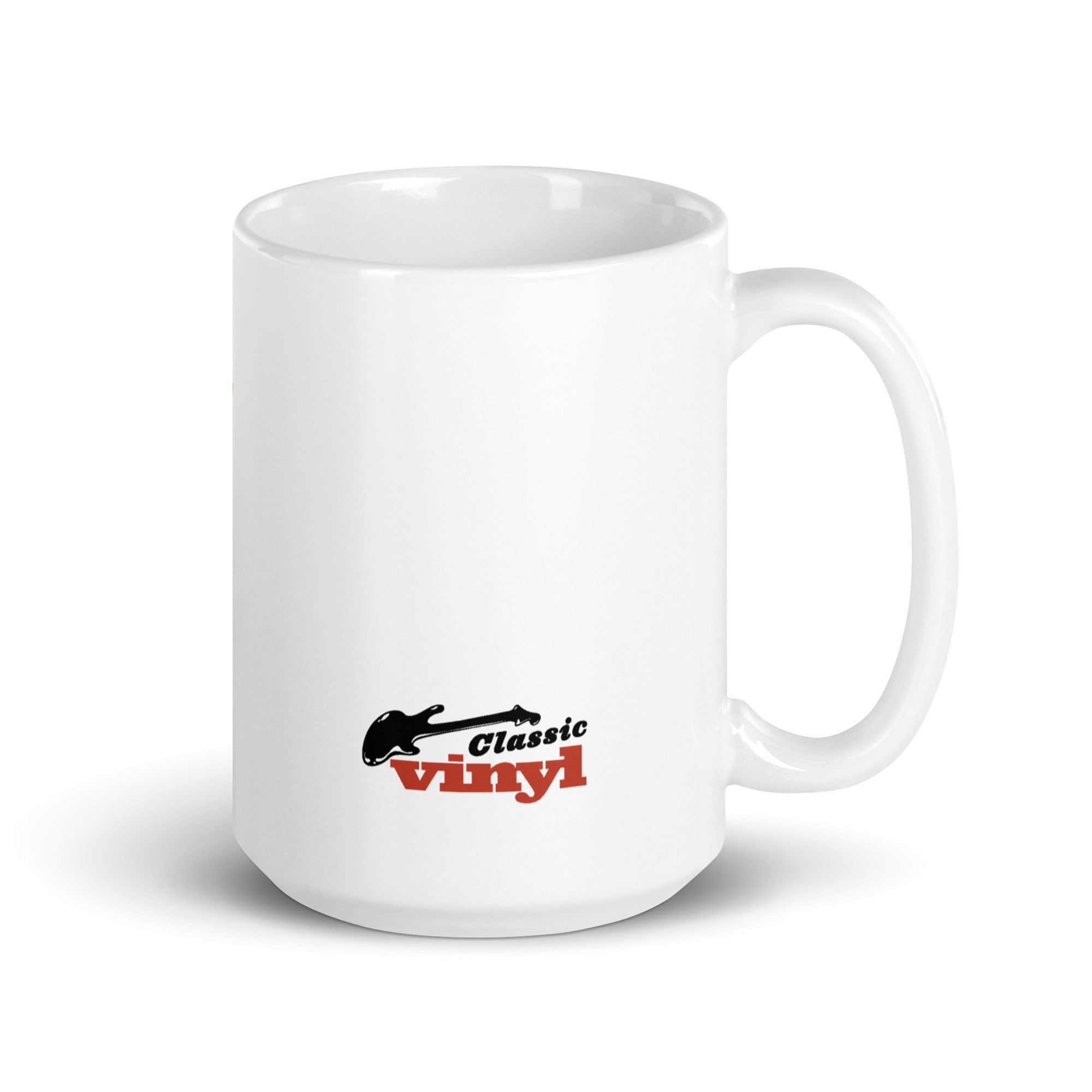 Right-side view of a larger white ceramic mug with the 'Classic Vinyl' logo printed near the handle, featuring a black guitar silhouette and red text.