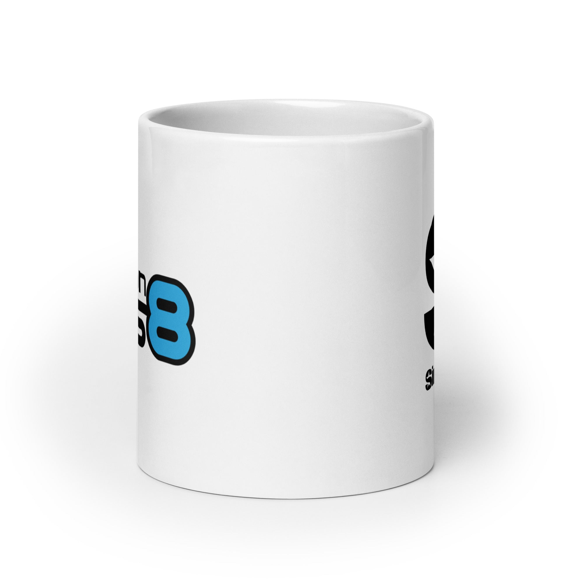 Side view of white ceramic mug, with partially visible front and back logos.