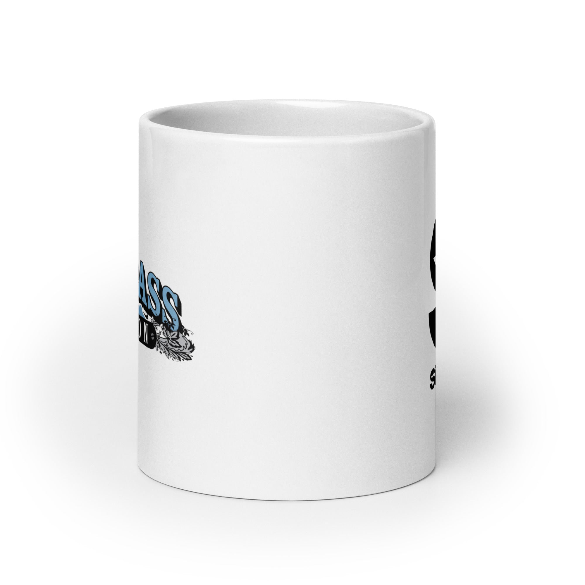 Side view of white ceramic mug, with partially visible front and back logos.