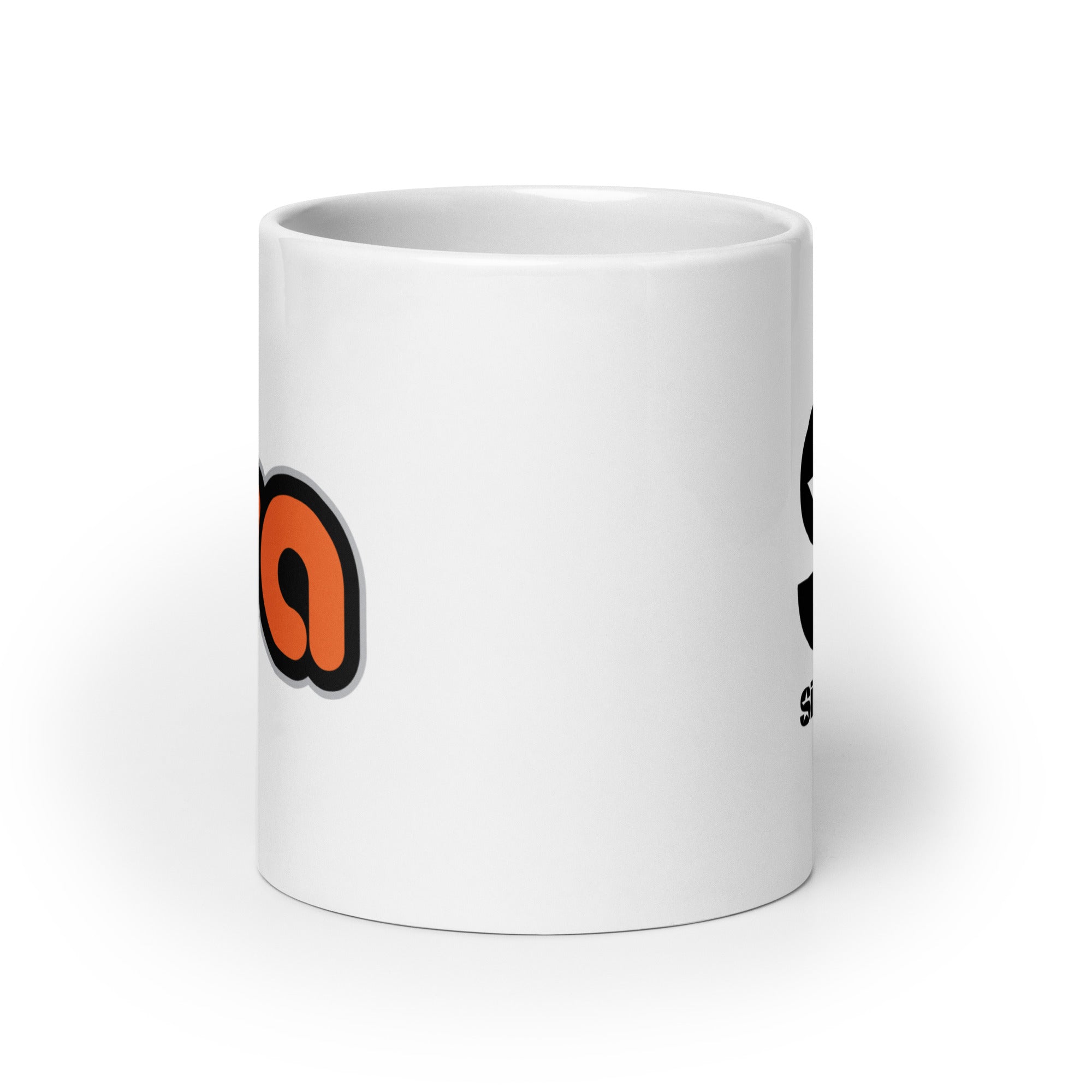 Side view of white ceramic mug, with partially visible front and back logos.