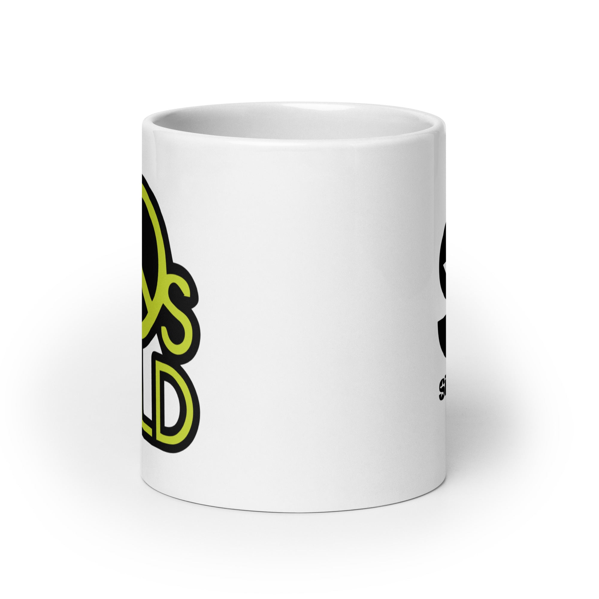 White ceramic mug. View opposite of handle.