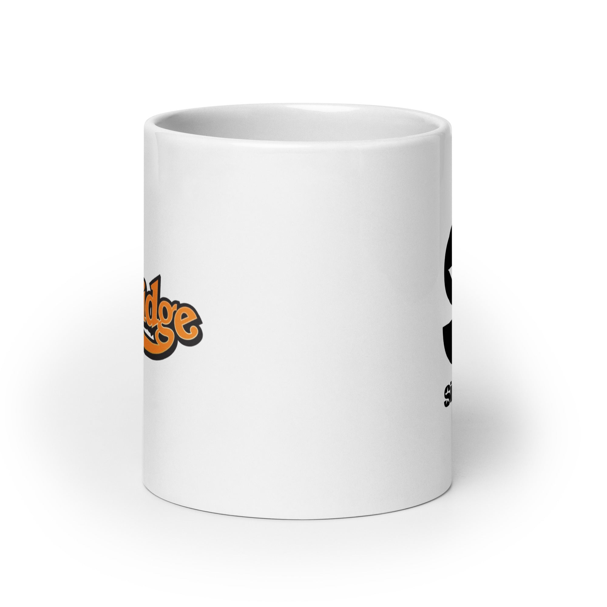 White mug. View opposite of handle.