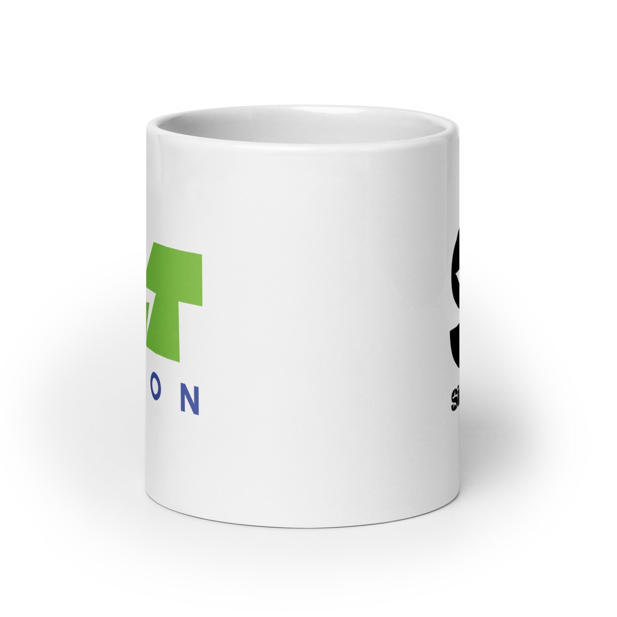White mug with green and blue logo design and black text on a plain background.