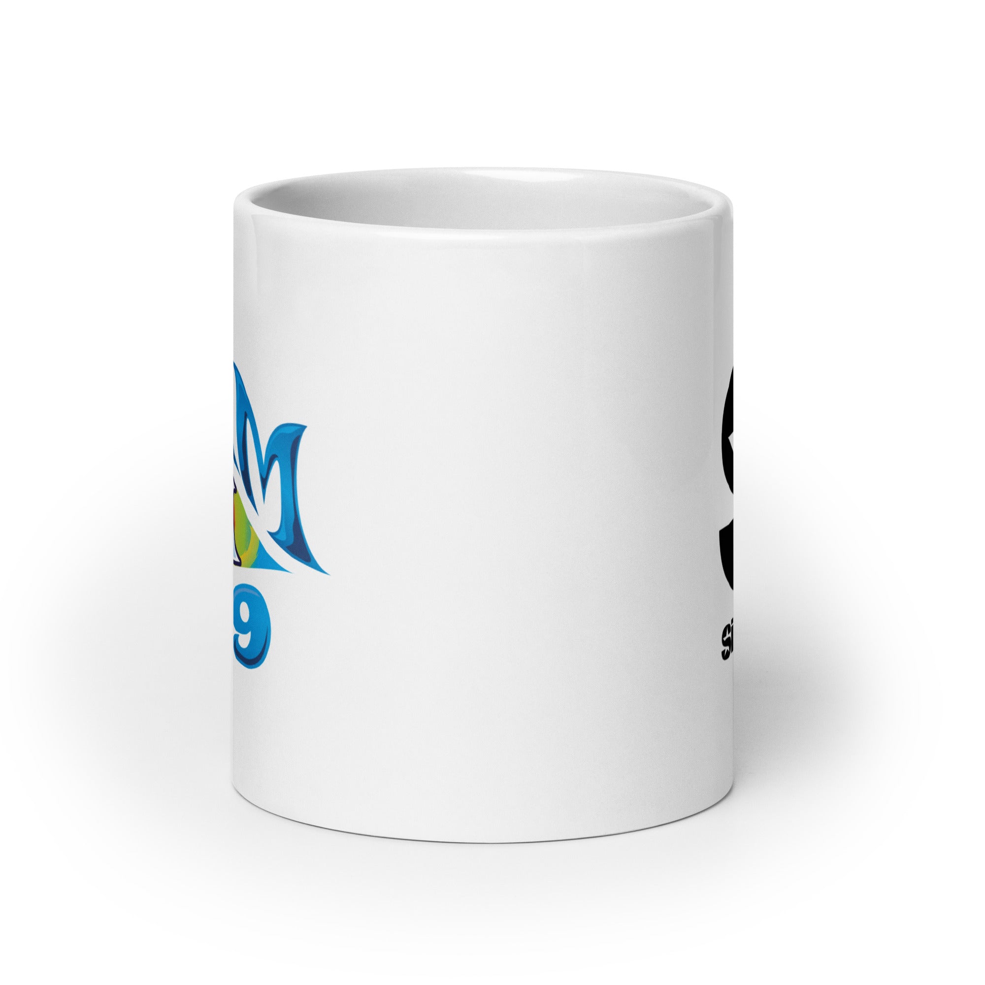 White mug. View opposite of handle.