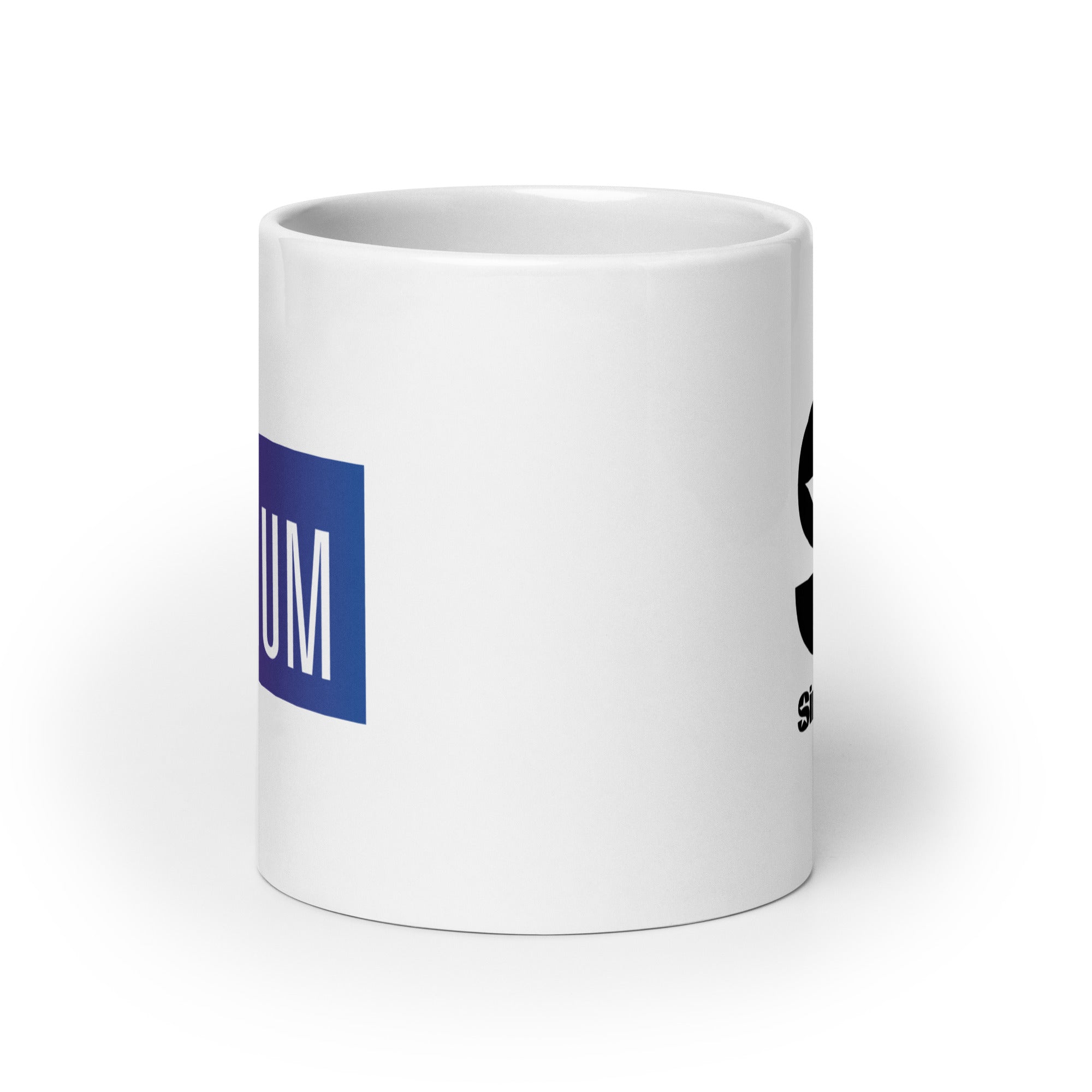 White mug. View opposite of handle.