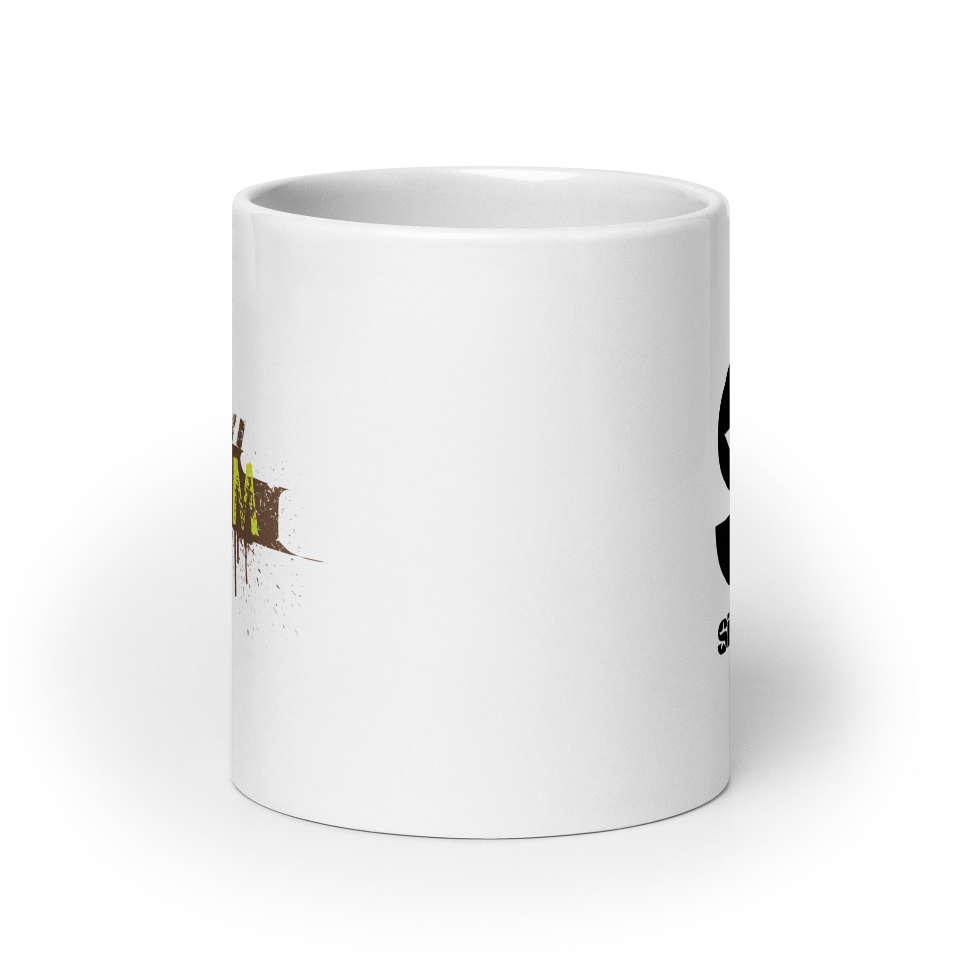 White mug. View opposite of handle.