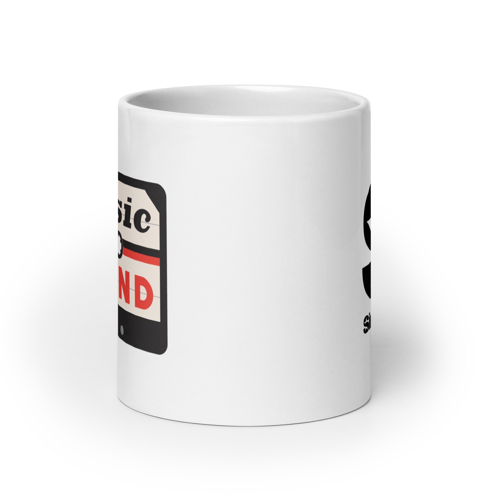 White mug. View opposite of handle.