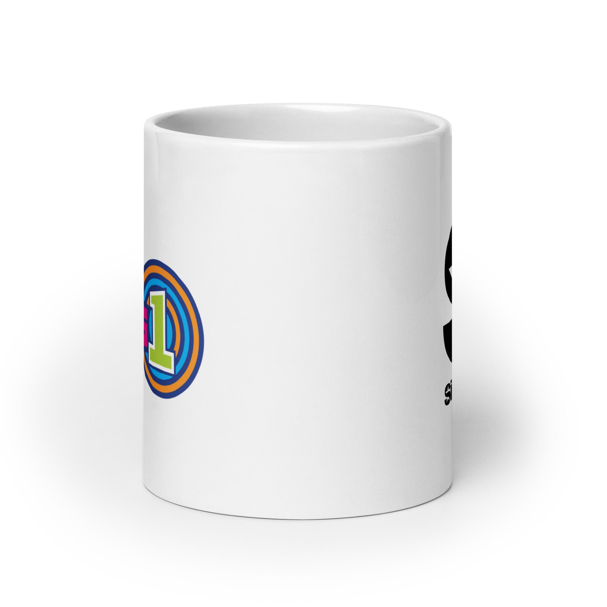 White mug. View opposite of handle.