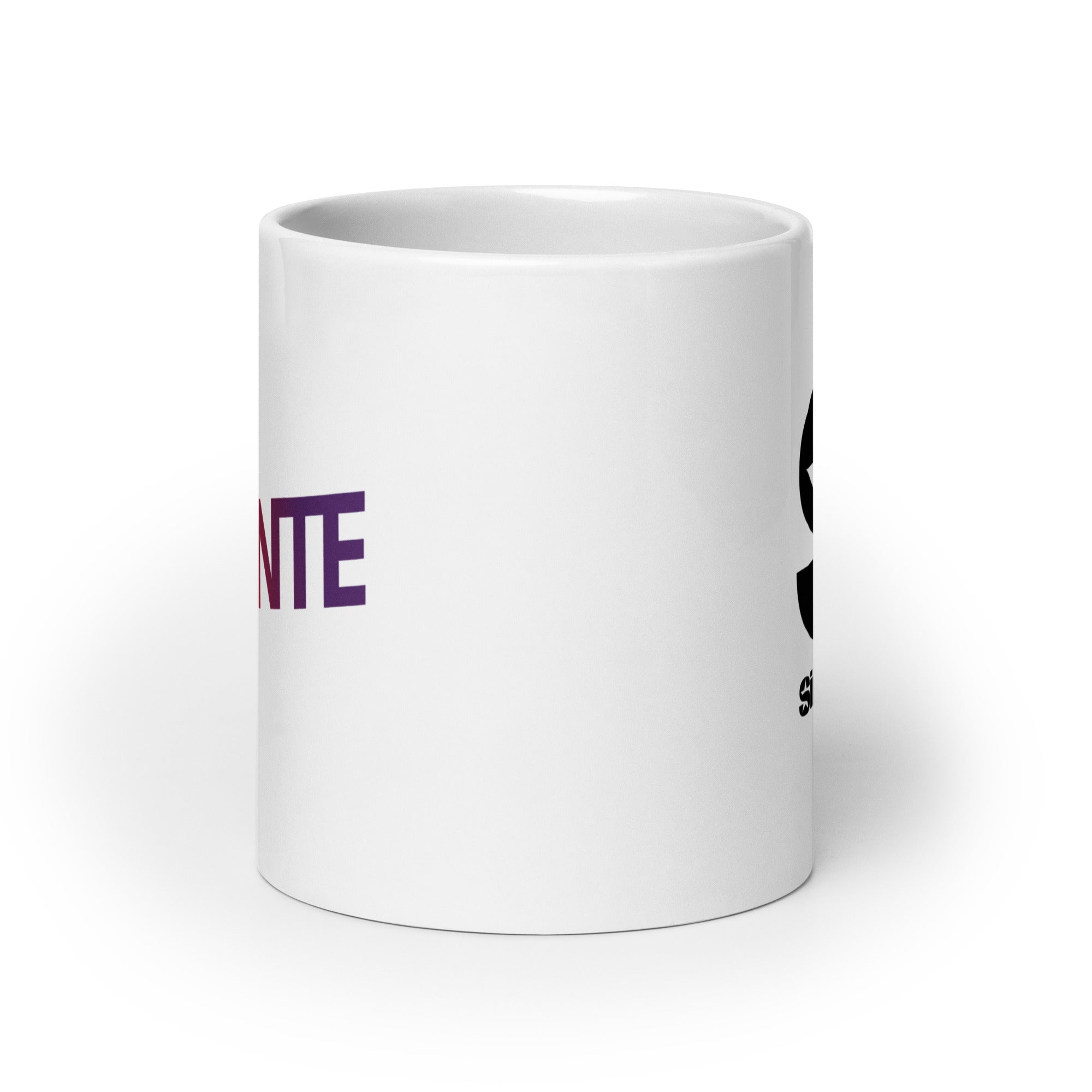White mug. View opposite of handle.