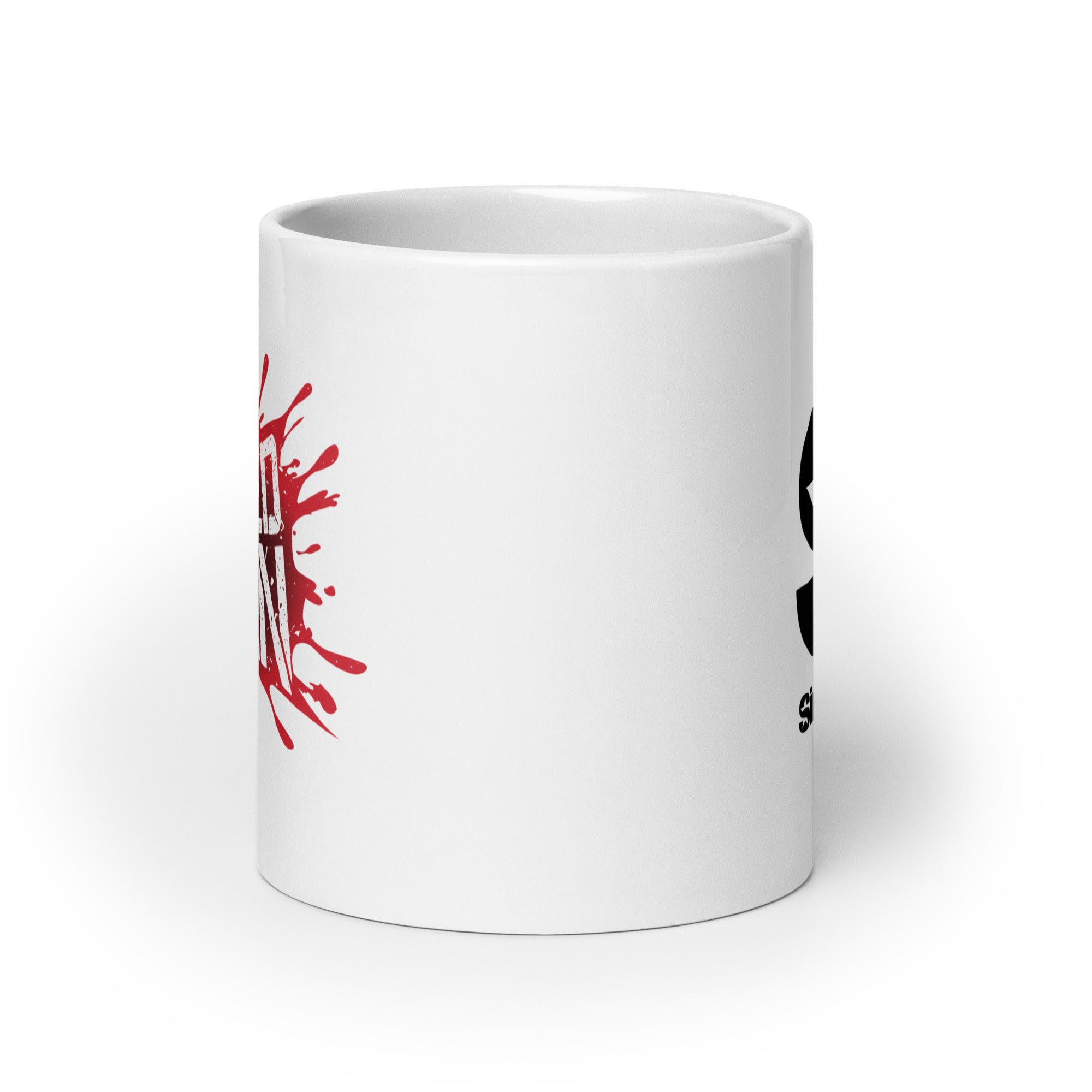 White mug. View opposite of handle.