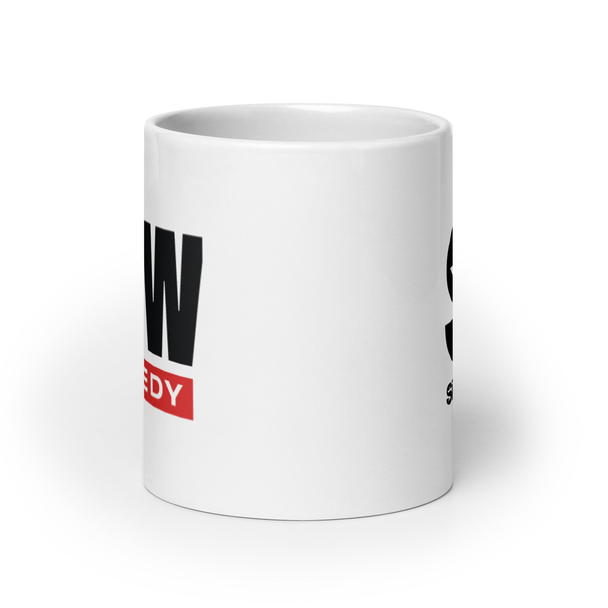 Side view of white ceramic mug, partially featuring front and back logos.
