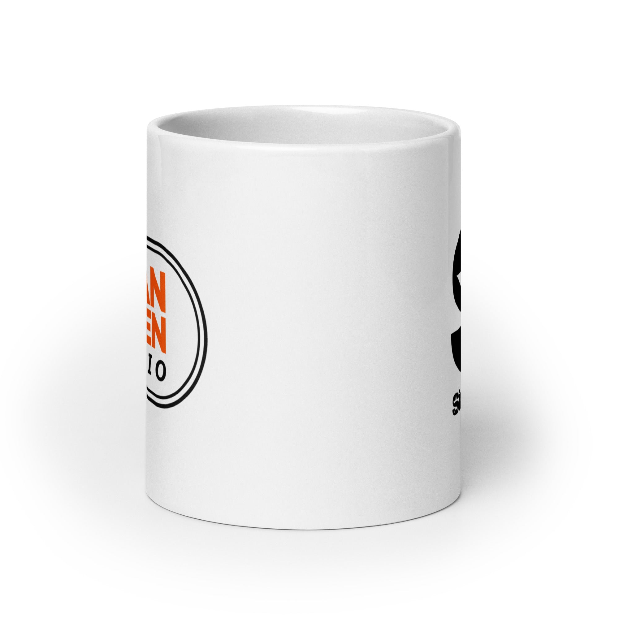 Side view of white ceramic mug, partially featuring front and back logos.