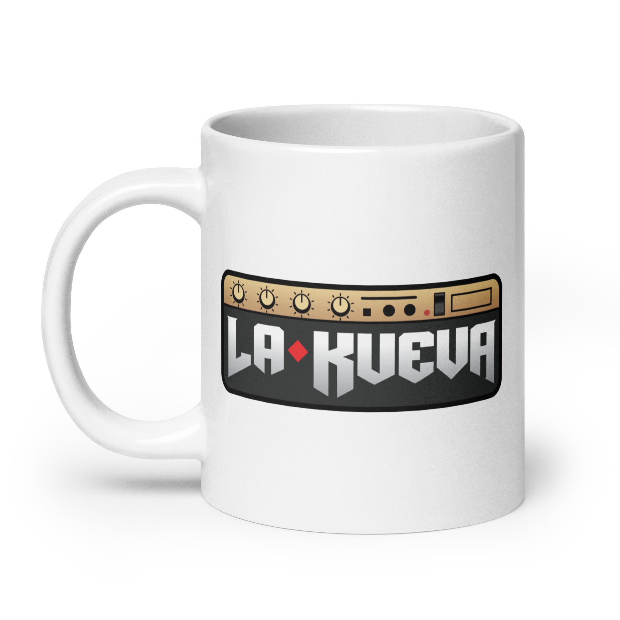 White mug featuring the text 'LA KUEVA' and a stylized graphic resembling an audio mixer.