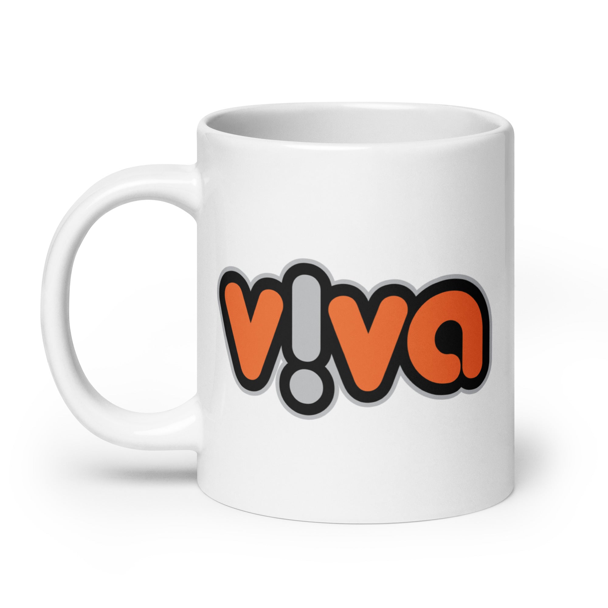 White mug featuring the word 'viva' in bold orange and black letters with an exclamation mark.