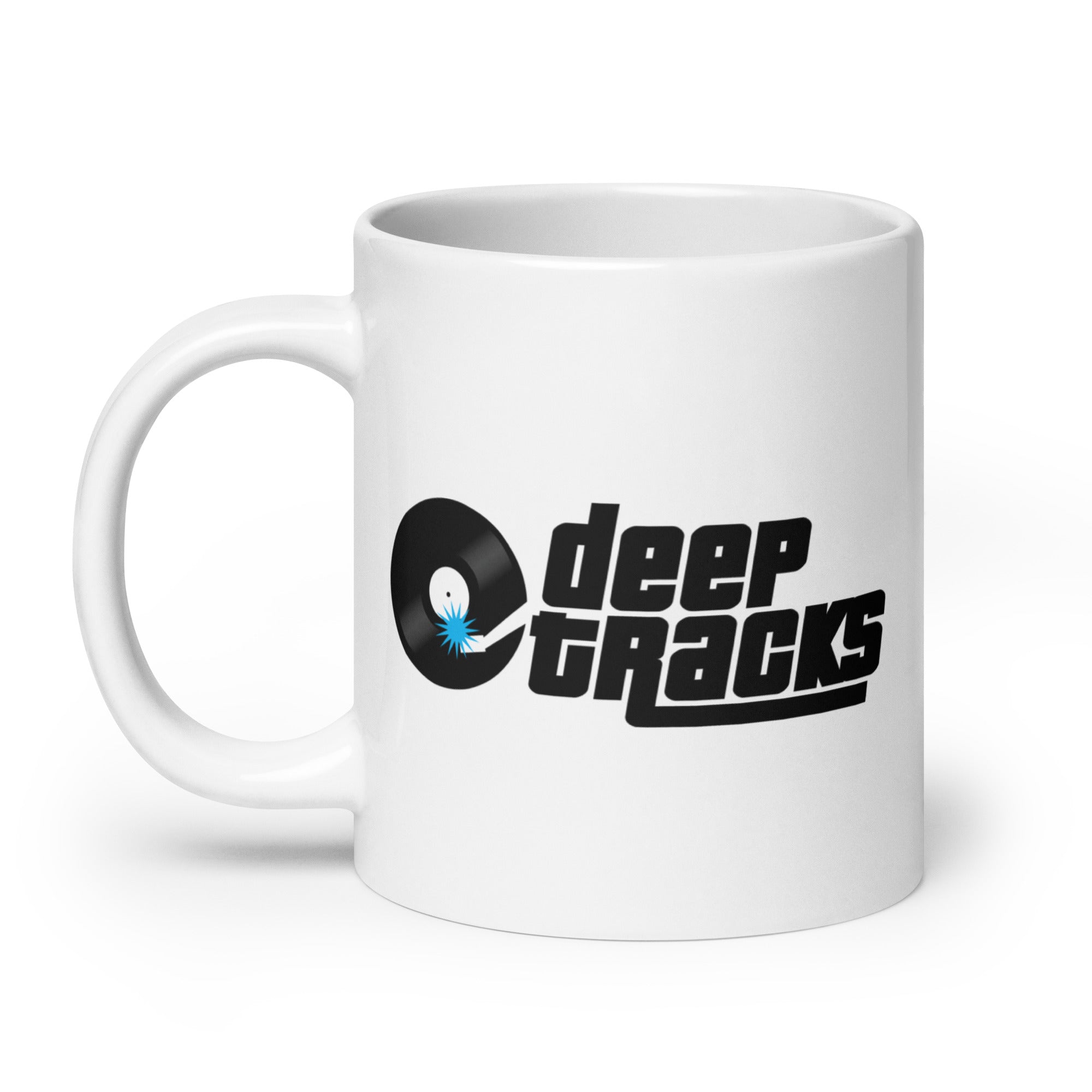 White coffee mug featuring the logo 'deep TRACKS' with a vinyl record design.