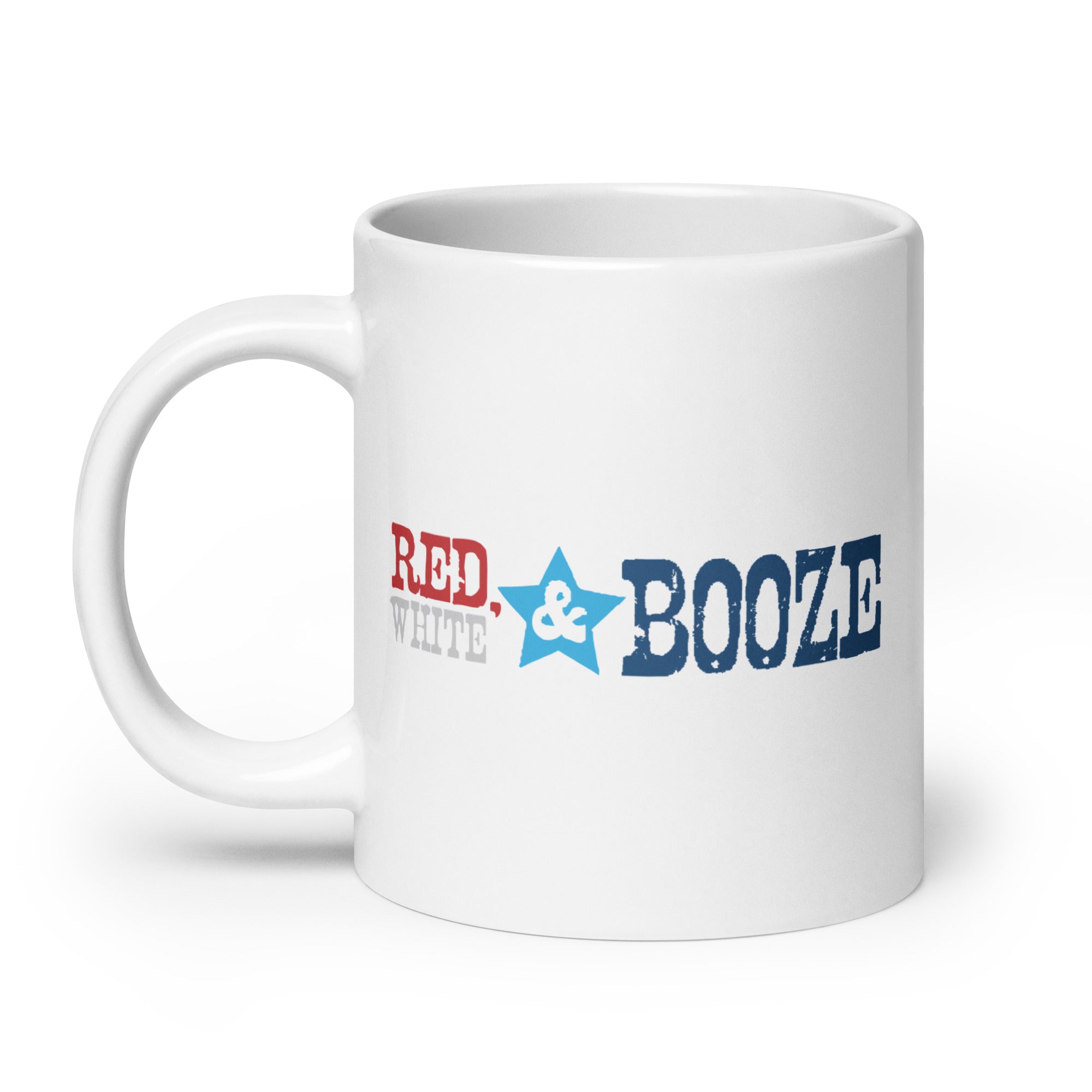 White mug with the text 'RED, WHITE & BOOZE' in red, blue, and gray letters.
