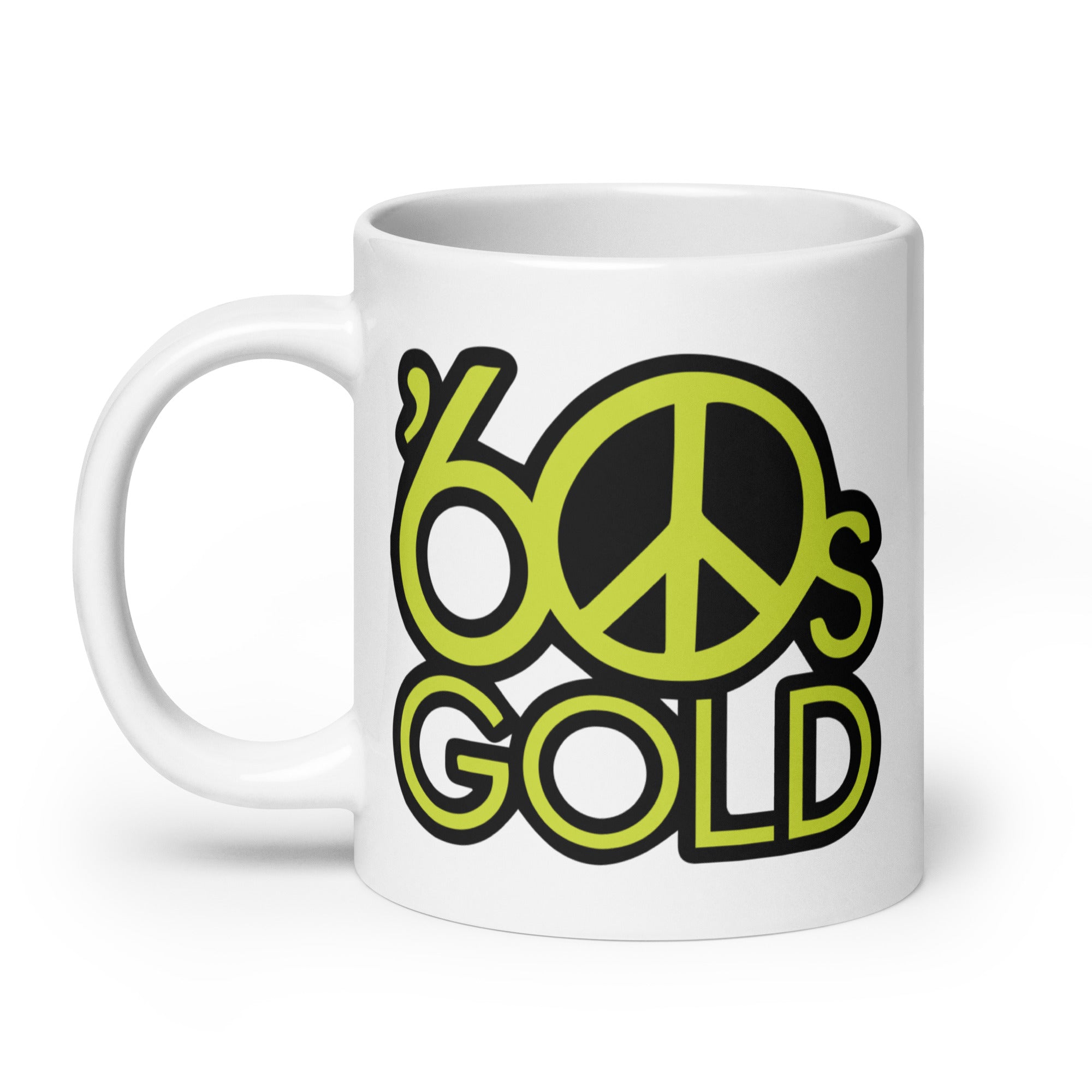 White mug with a green '60s gold' design in vivid green featuring a peace symbol.