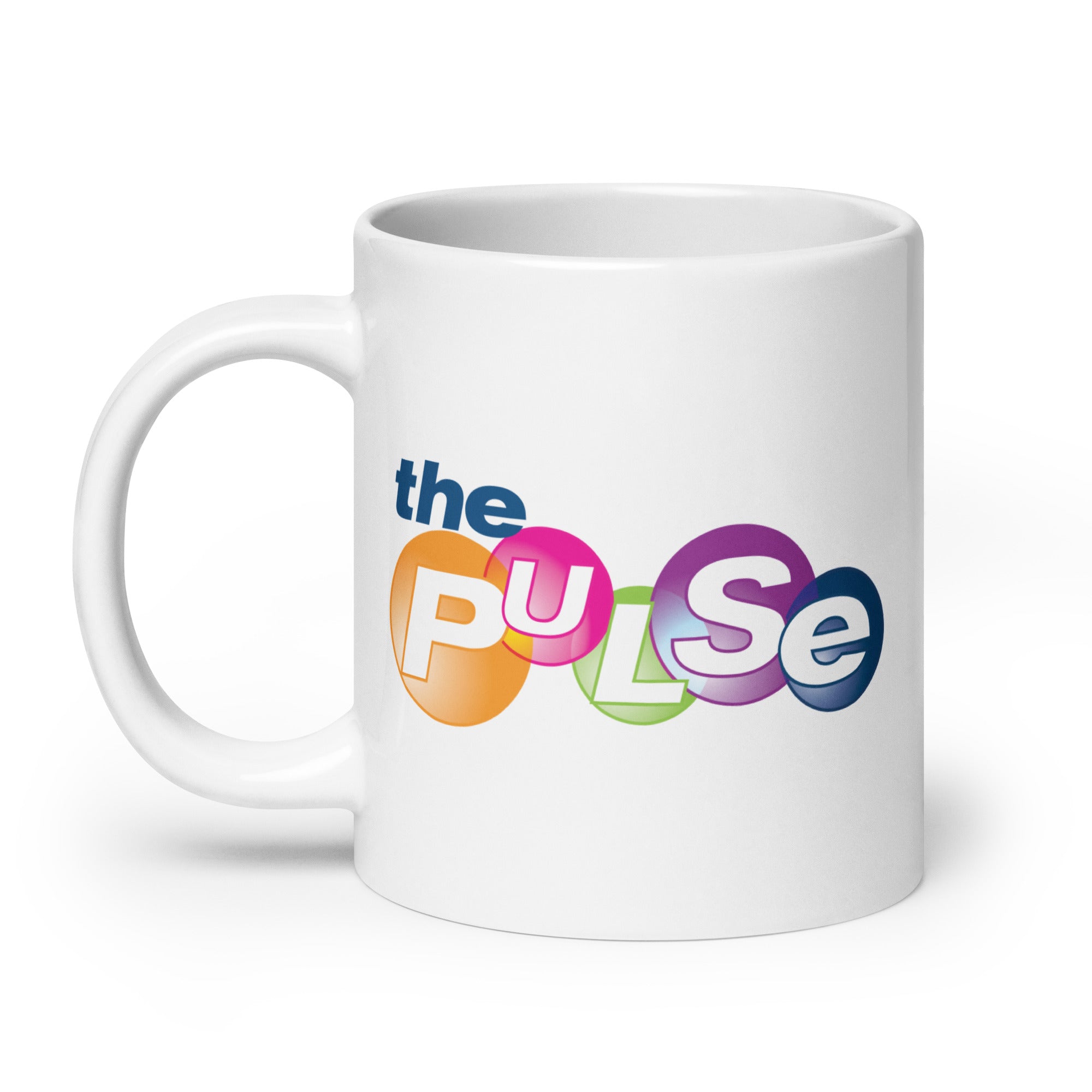 White mug featuring the colorful text 'the PULSE' in various bubbles.