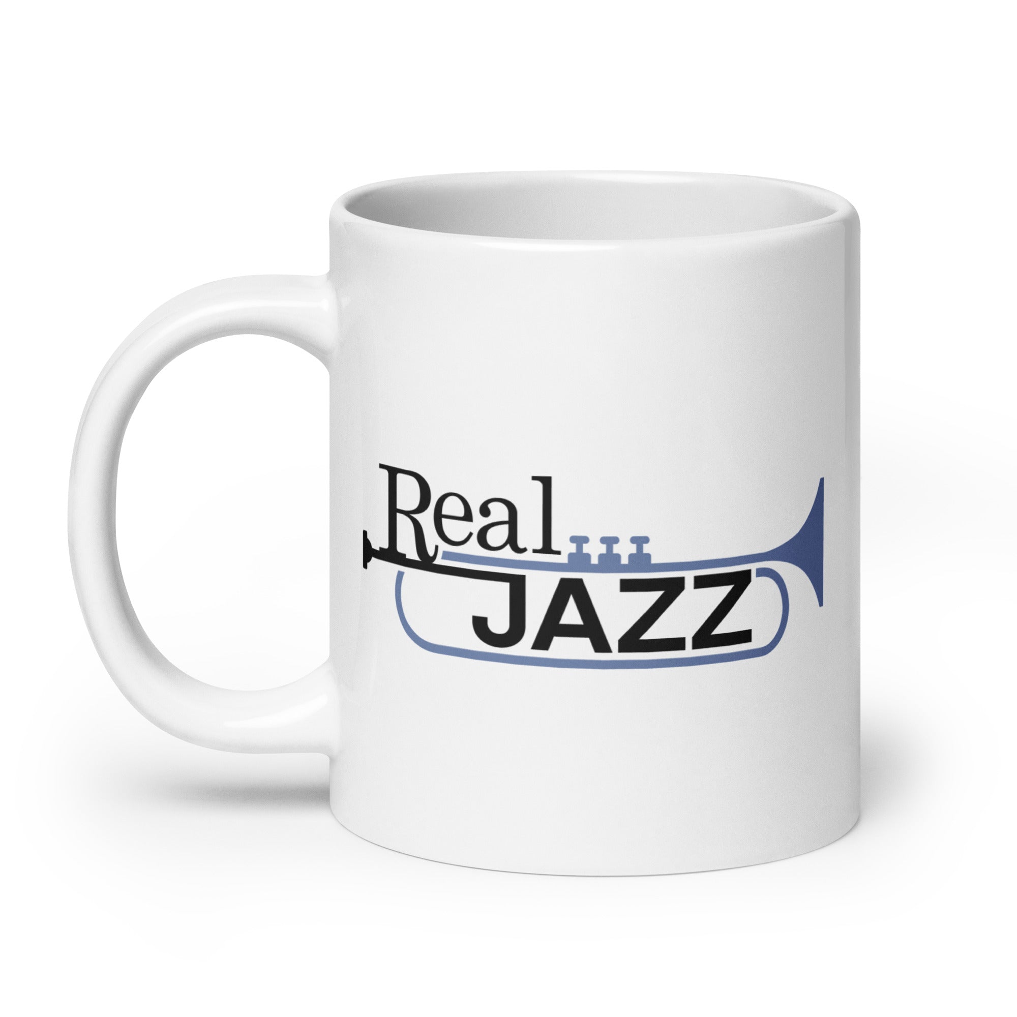 White mug with 'Real JAZZ' text in black and light blue and a trumpet illustration.