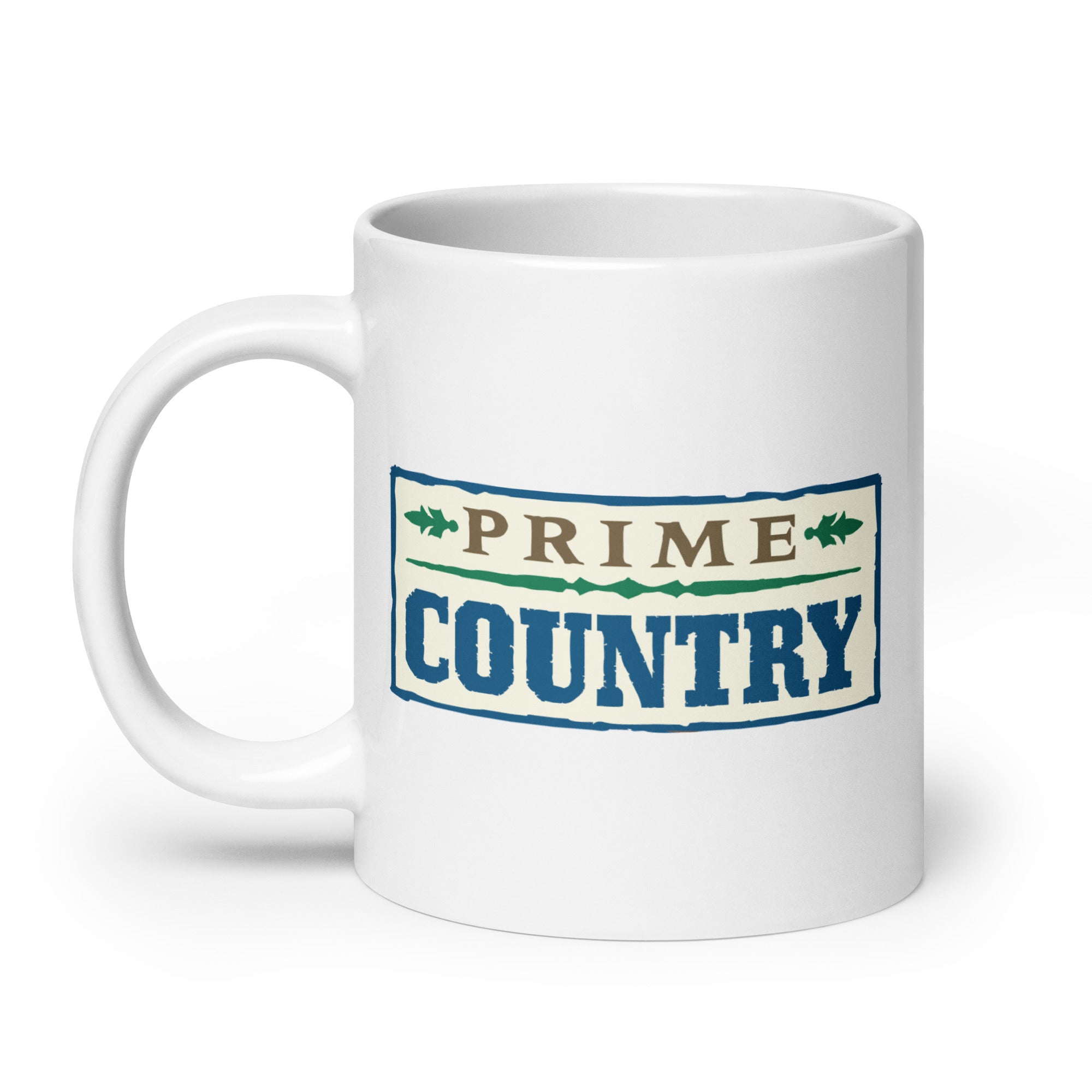White mug featuring the words 'PRIME COUNTRY' in a vintage design with green and blue accents.