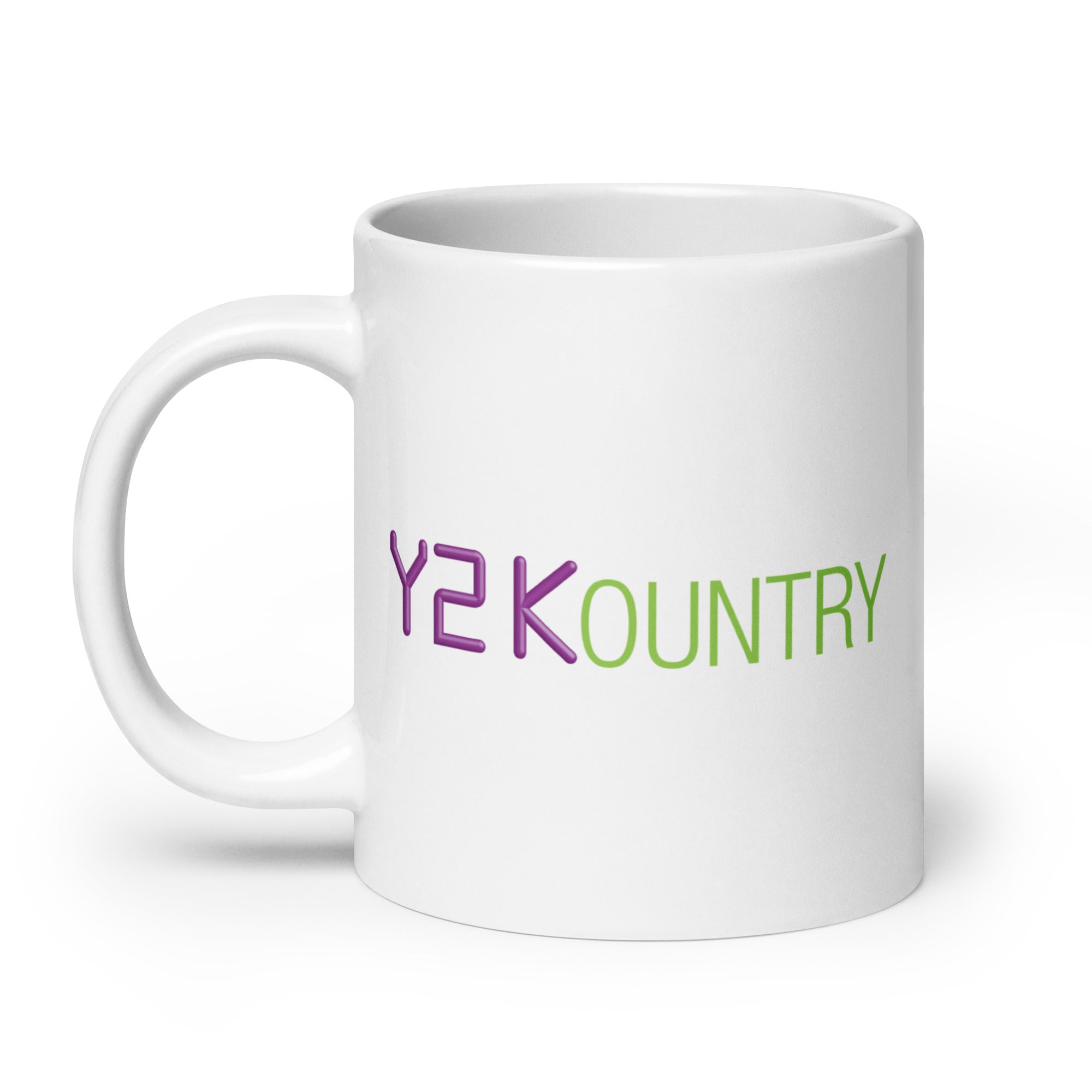 White mug with the text 'Y2 KOUNTRY' in purple and green letters.