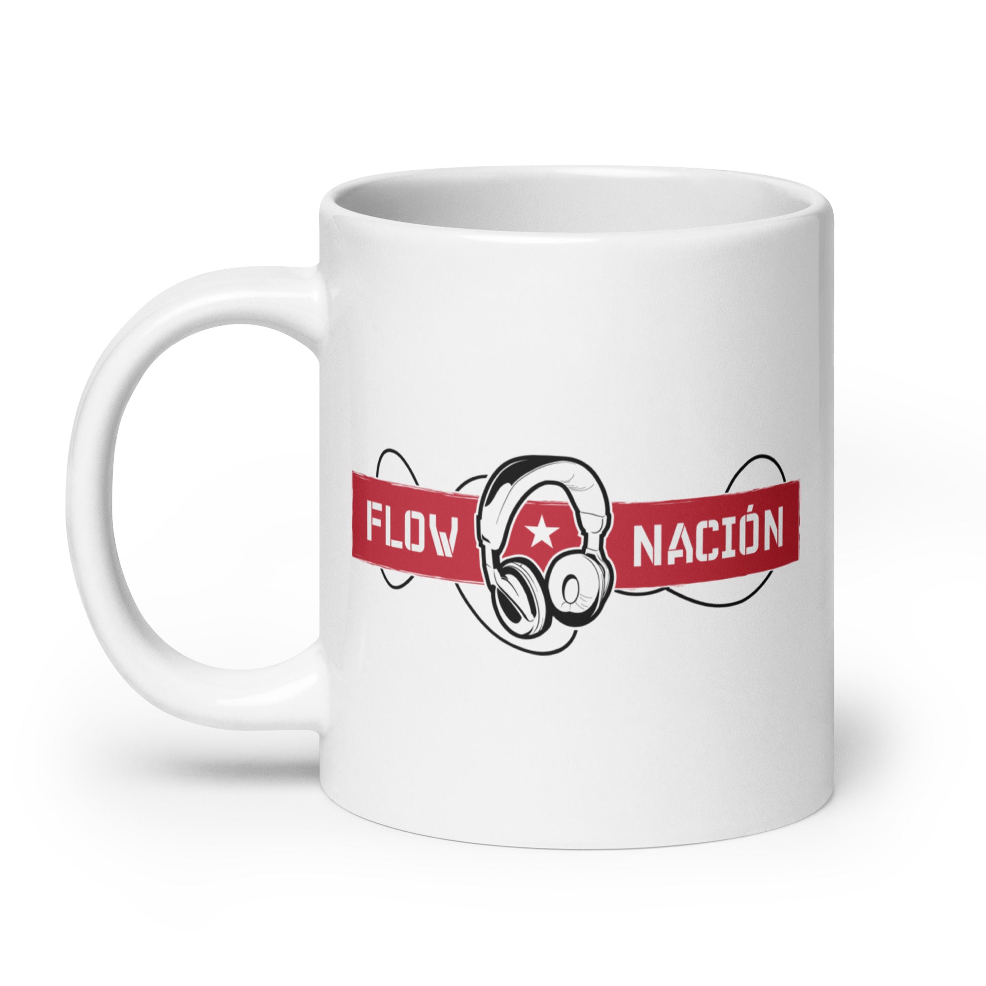 White mug with 'FLOW NACIÓN' text in red and black and headphones graphic.