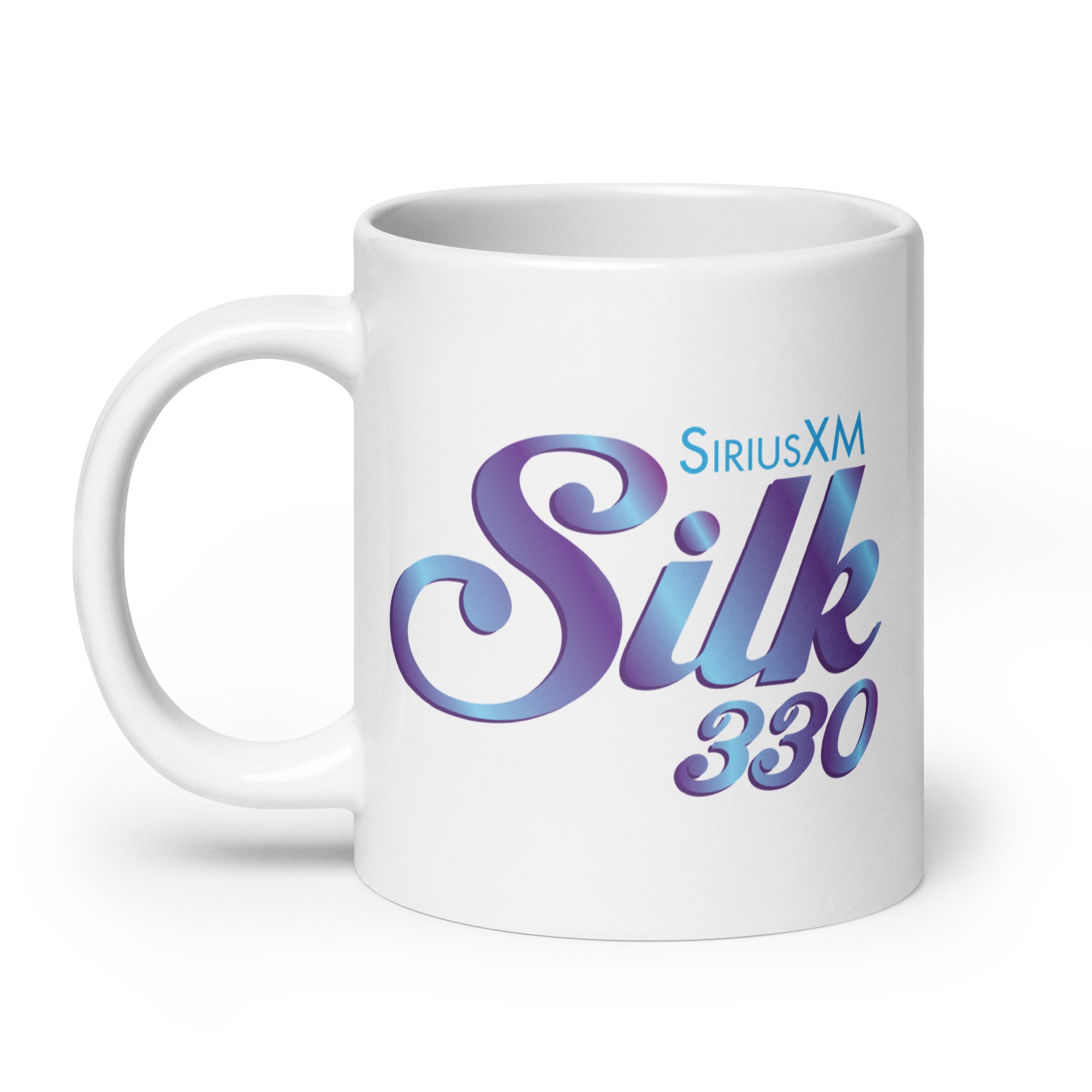 White mug featuring the text 'SiriusXM Silk 330' in a stylish purple and blue font.