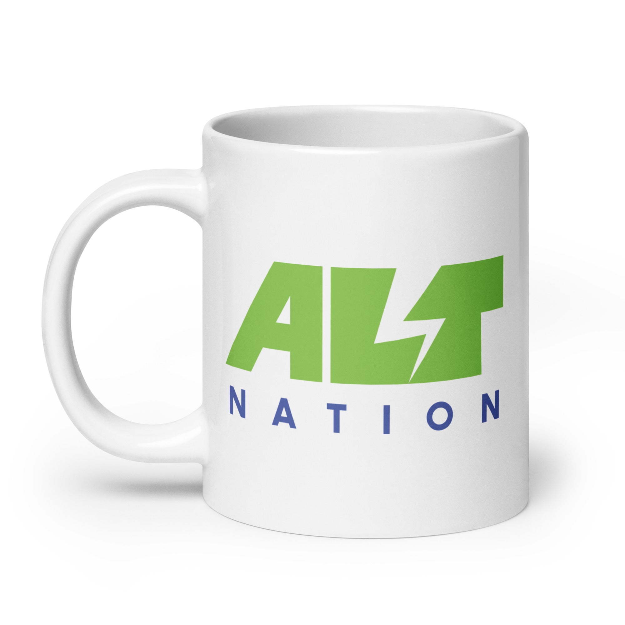 White mug featuring the text 'ALT NATION' with a green 'ALT' and blue 'NATION.'