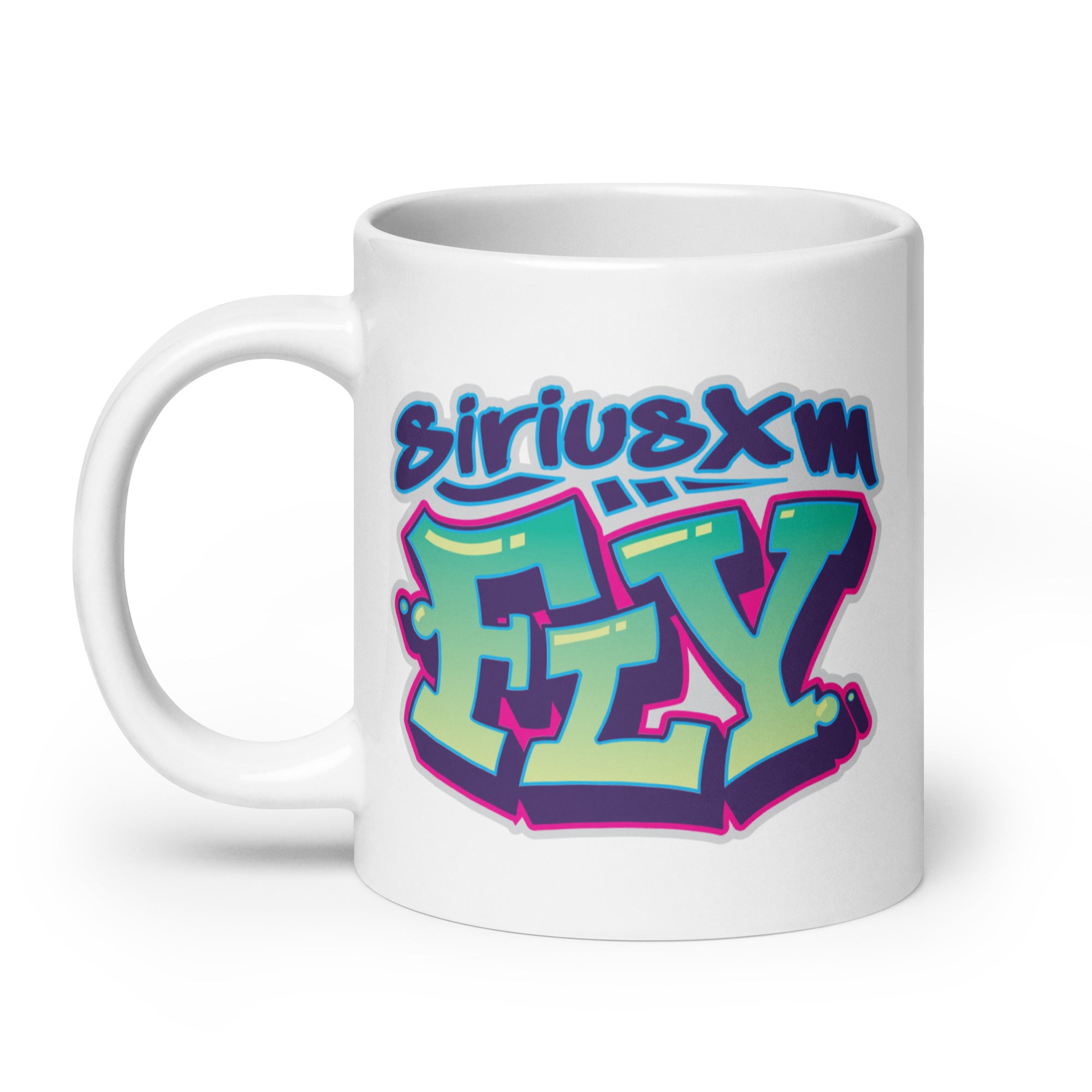 White mug featuring vibrant graffiti-style text with 'siriusxm FLY' in blue, green, and pink colors.