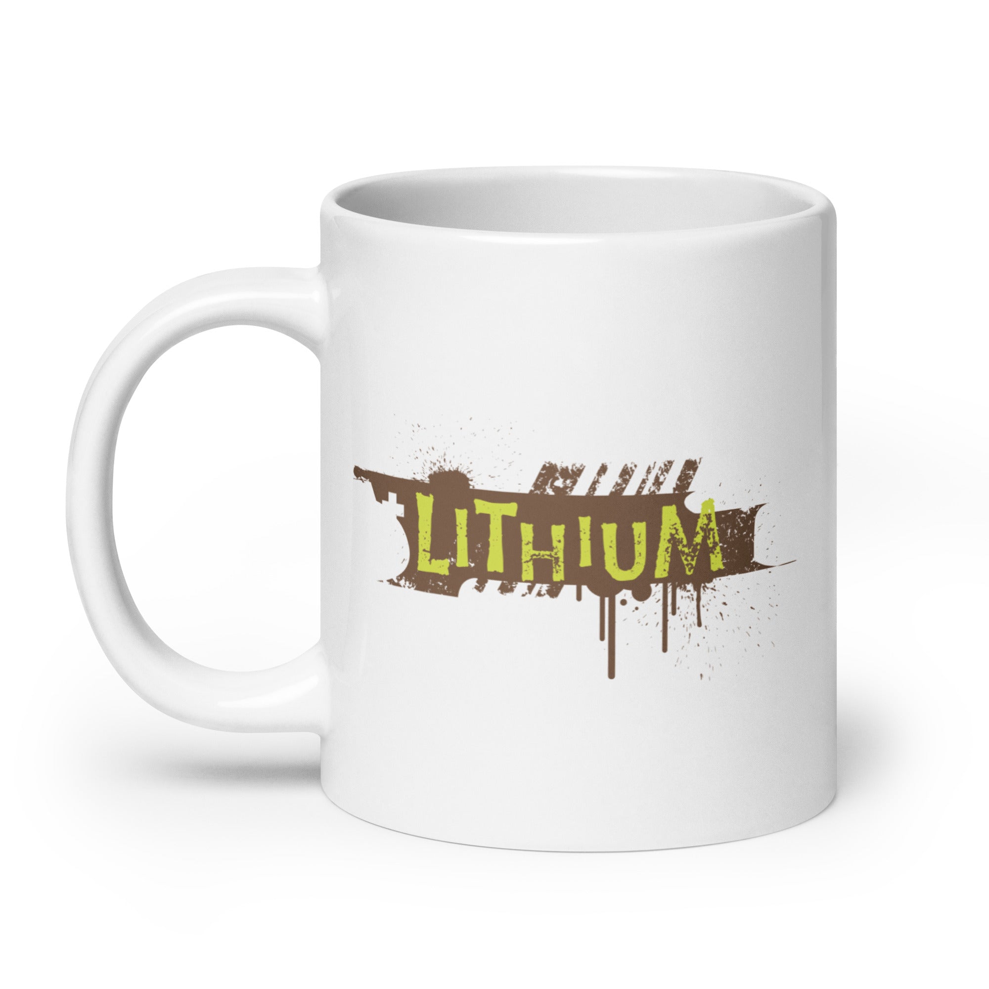 White mug with the word 'LITHIUM' in bold yellow and brown stylized lettering.