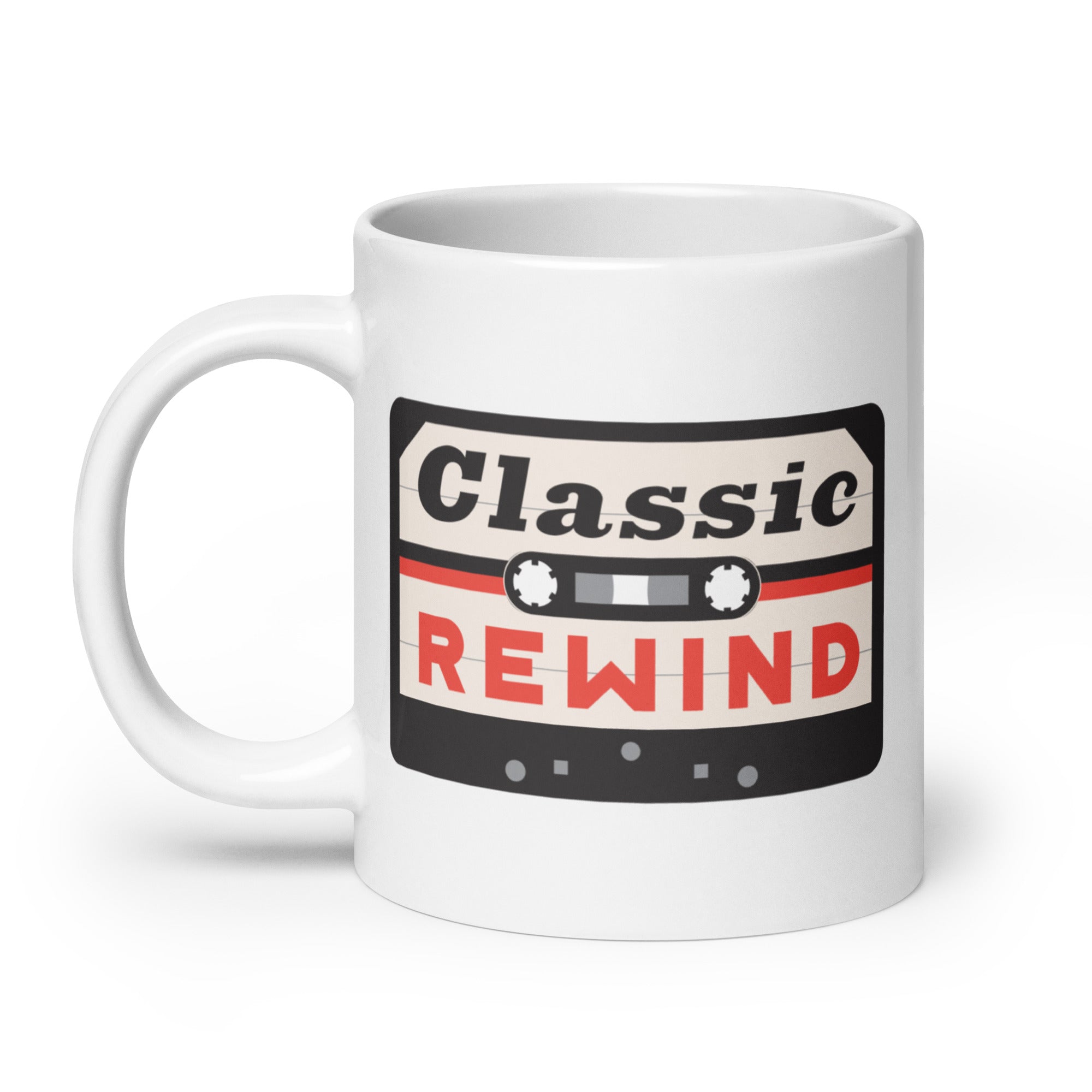 Mug featuring a retro cassette tape design with the words 'Classic Rewind' in red, white, and black.