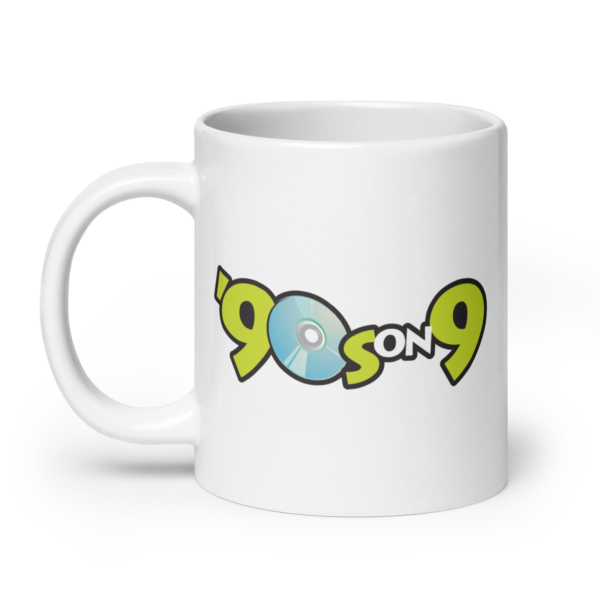 White mug featuring a colorful logo with the text ''90s on 9' in light blue and vivid green and a CD graphic.