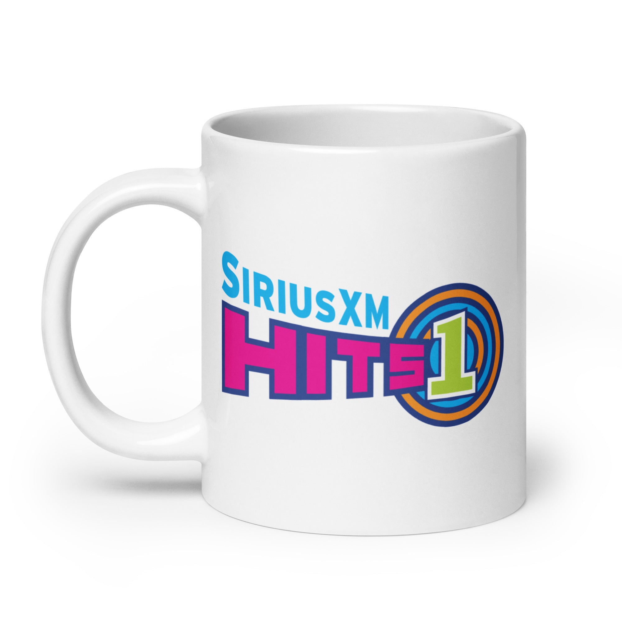 White mug featuring the 'SiriusXM Hits 1' logo in bright colors. Colors include pink, purple, orange and vivid green.