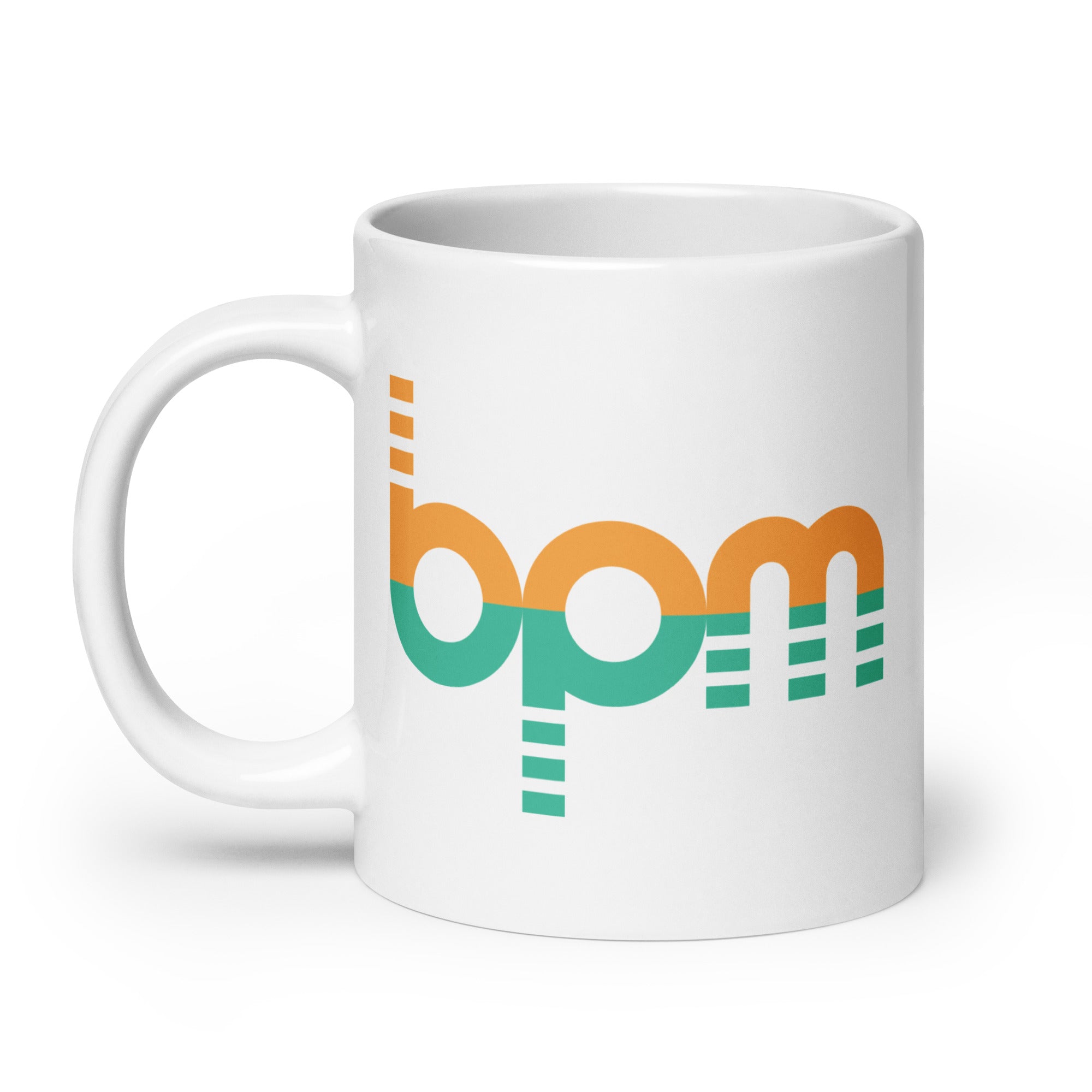 A white mug featuring the colorful letters 'bpm' in orange in green.