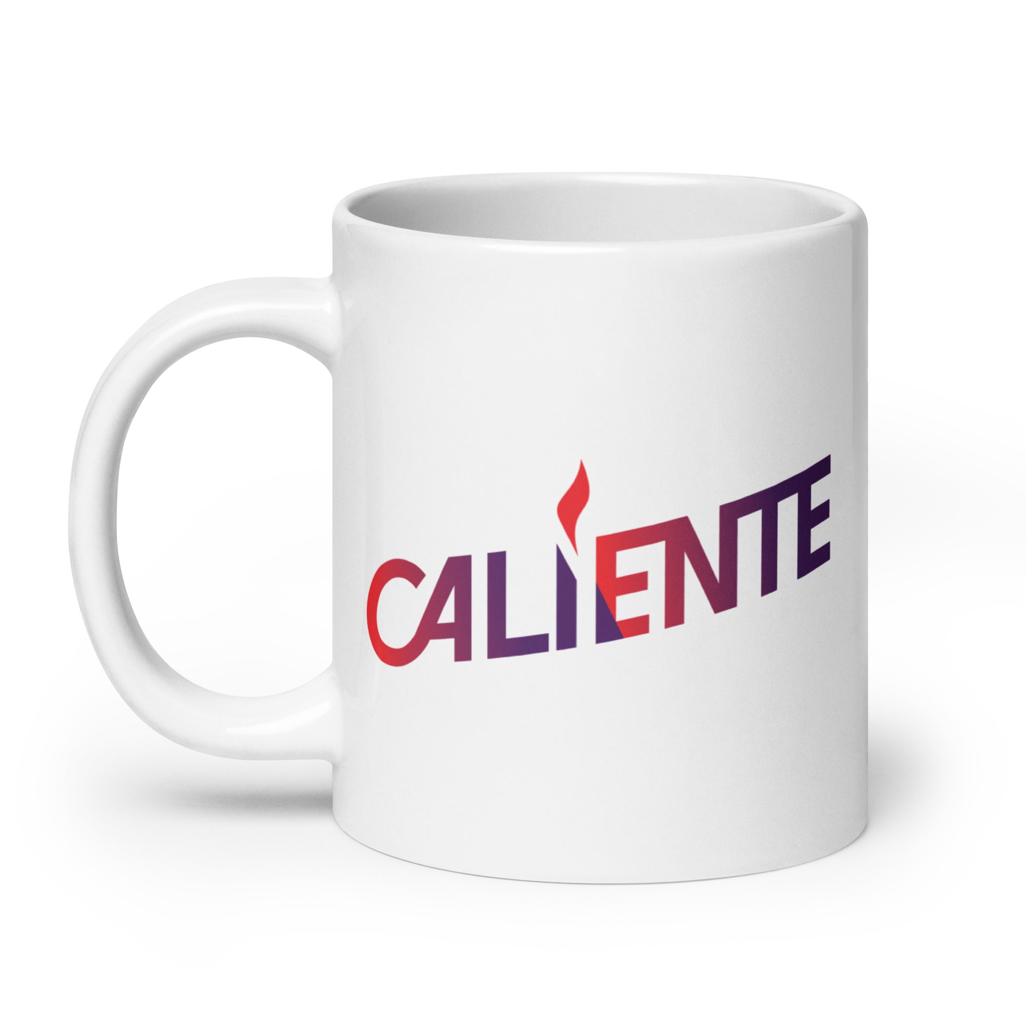 White mug featuring the word 'CALIENTE'  in vibrant red to purple gradient letters.