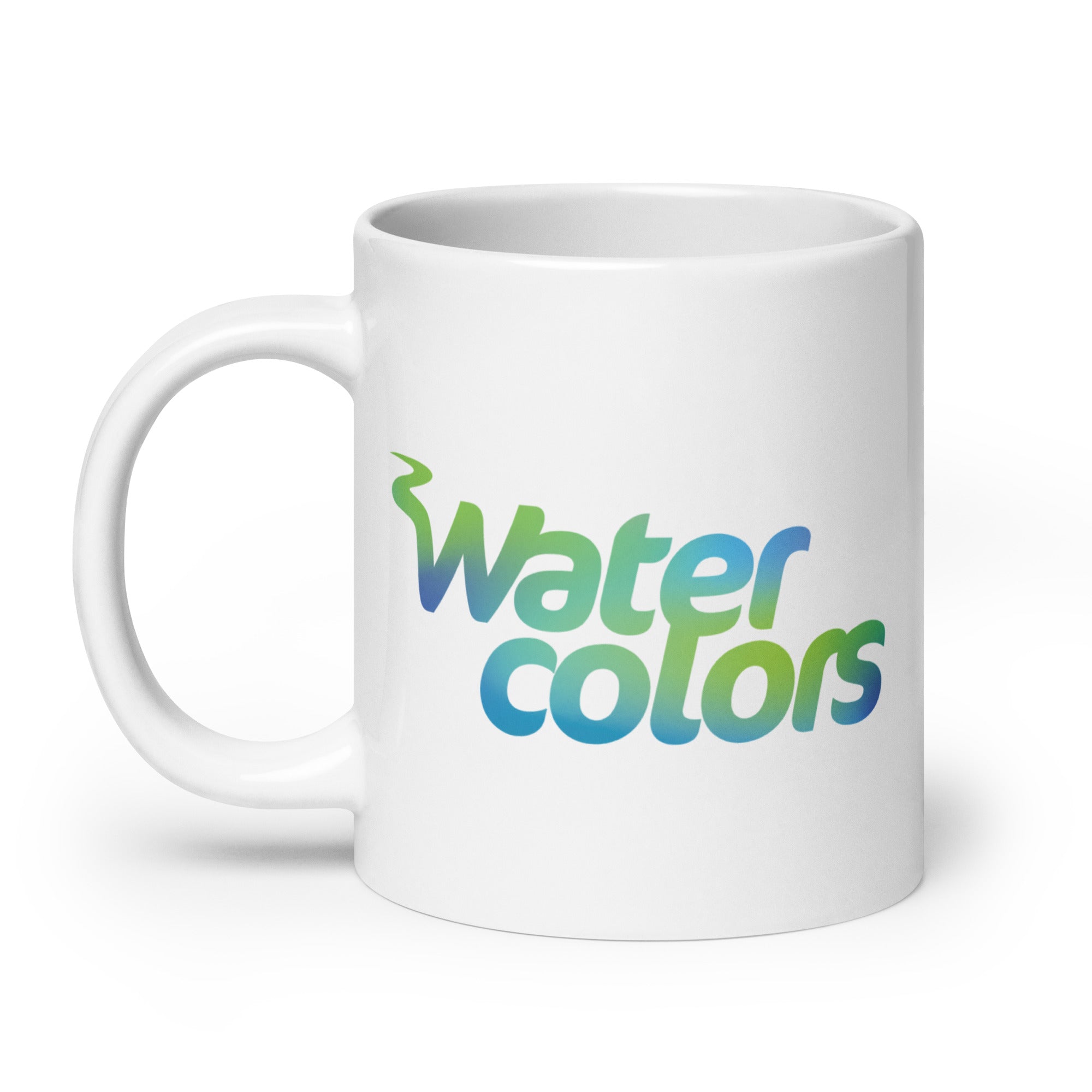 White mug featuring the text 'water colors' in blue and green gradient font.