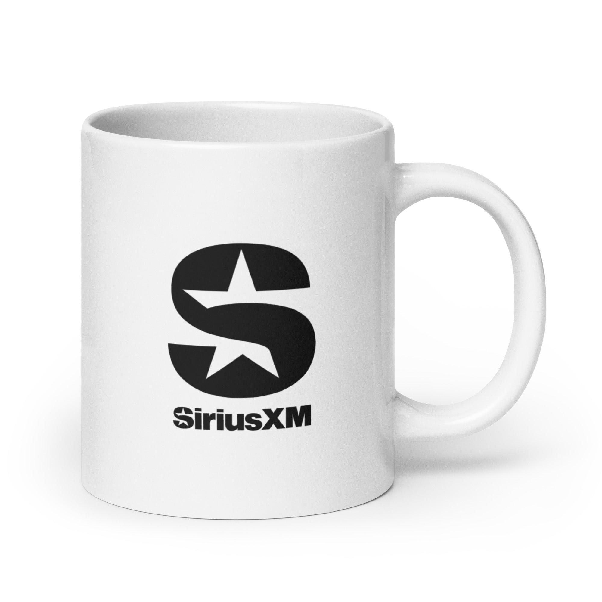 White mug with black 'SiriusXM' logo featuring an 'S' and a star.